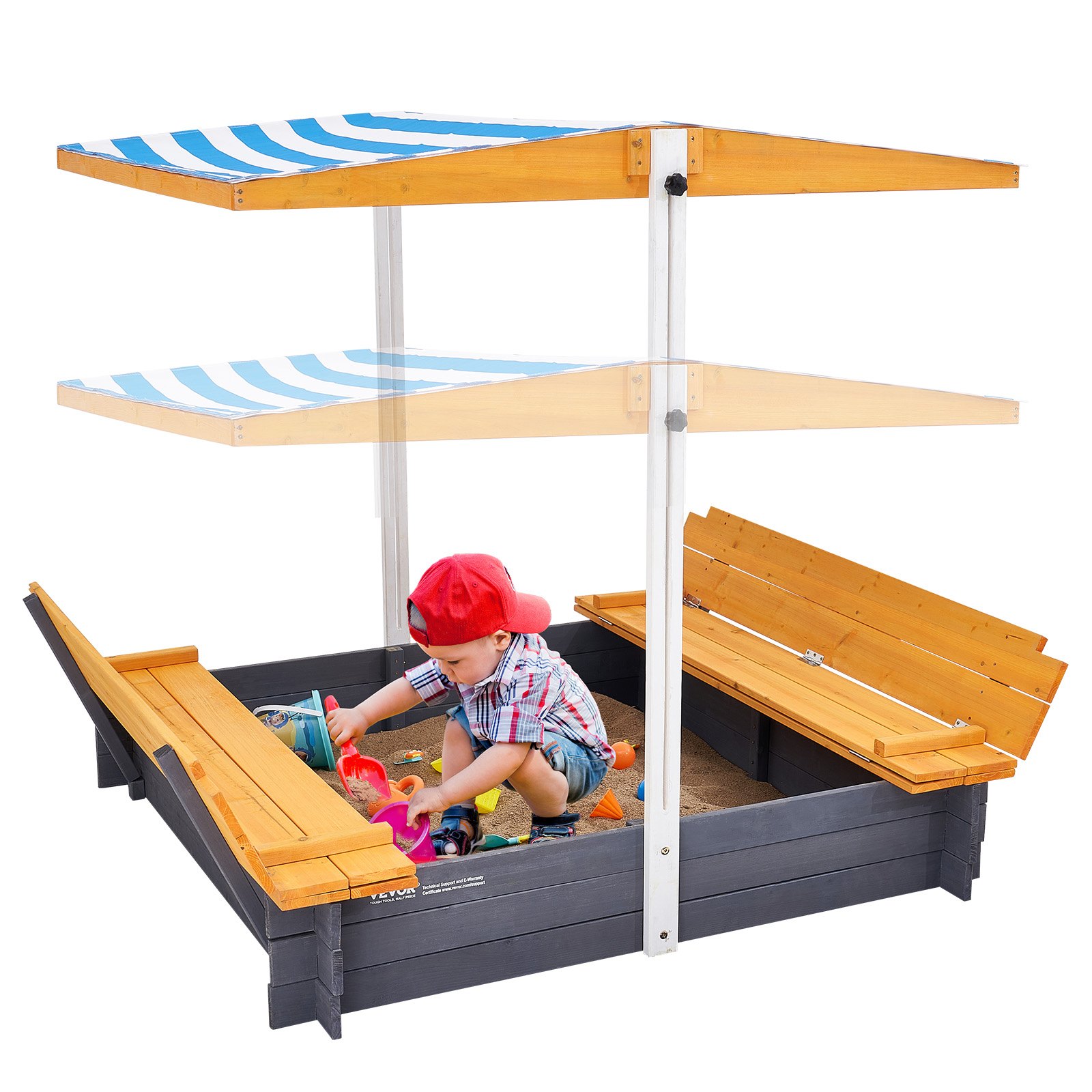 Wooden Sandbox With Canopy, 57.3 X 47.2 X 47.2 In Sand Box, Sand Pit With Foldable Bench Seats And Bottom Liner, Natural Wood Kids Sandbox For Outdoor Backyard, Beach, Park, Gift For Ages 3-12