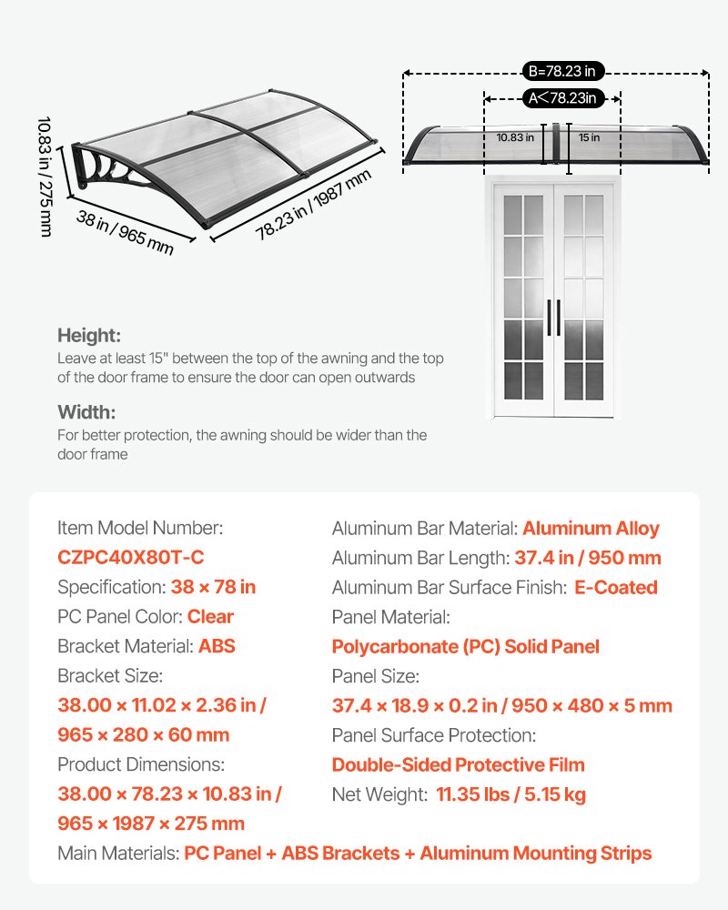Awnings For Door Entrance, 38 X 78 In, Exterior Front Door Window Awnings With Drainage & ABS Bracket, Rain Snow Sun Protection, Overhang Polycarbonate Door Canopy For Porch Patio, Clear