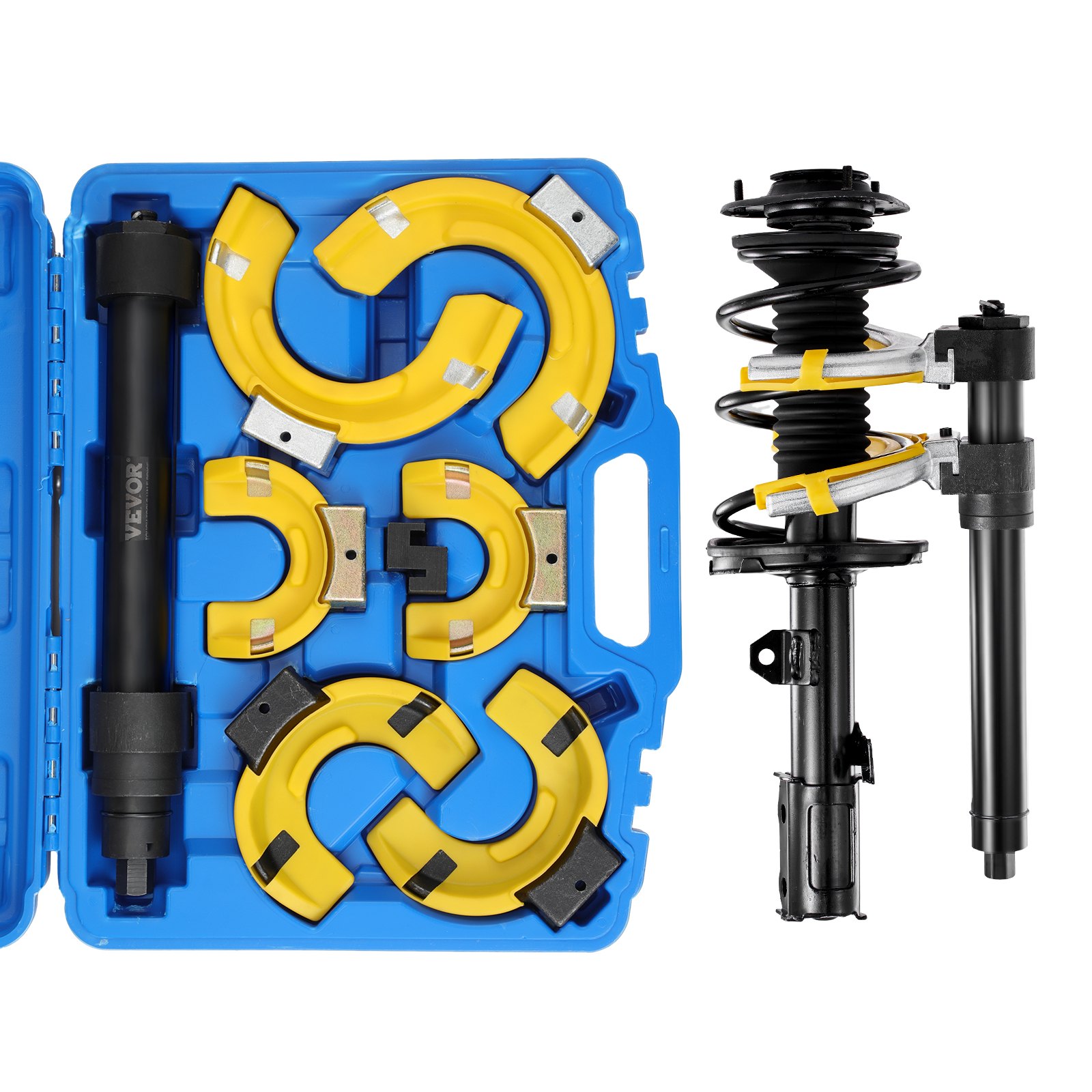 Strut Spring Compressor Set, Macpherson Strut Spring Compressor Kit, Interchangeable Fork Strut Coil Extractor Remover Tool, With Yellow Protective Sleeve And Carrying Case