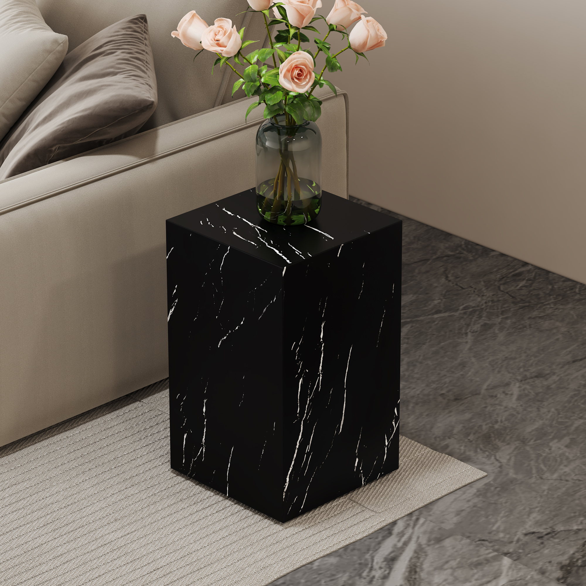 11.8x11.8x19.6 Inch Black Marble Texture MDF Coffee Table - Luxurious Design, Perfect Living Room Accent.Rectangular Fashion Texture Design Coffee Table, Suitable For Various Situations And Scenes.