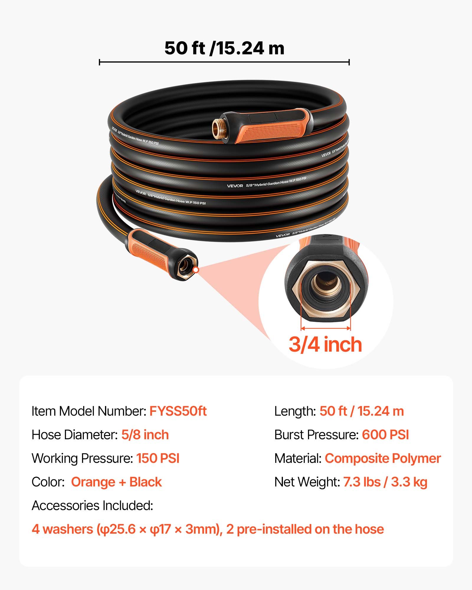 Garden Hose, 50 Ft 5-8' Heavy Duty 4-Layer Rubber Water Hose, 150PSI Working & 600PSI Burst, Flexible & Non-kink Outdoor Waterhose With 3-4' Fitting, Lightweight Hoses For Gardening Cleaning