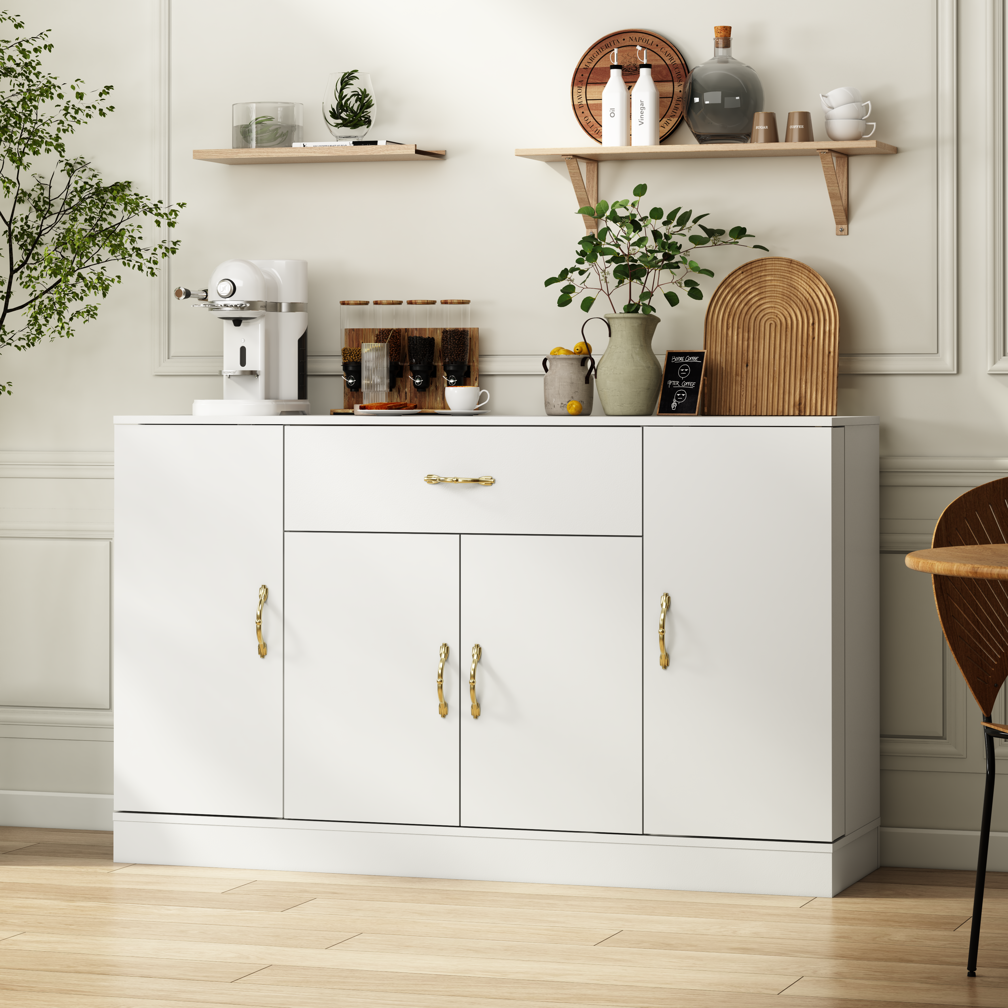 Aparador buffet moderno con almacenamiento, 1 cajón y 4 puertas, blanco.
