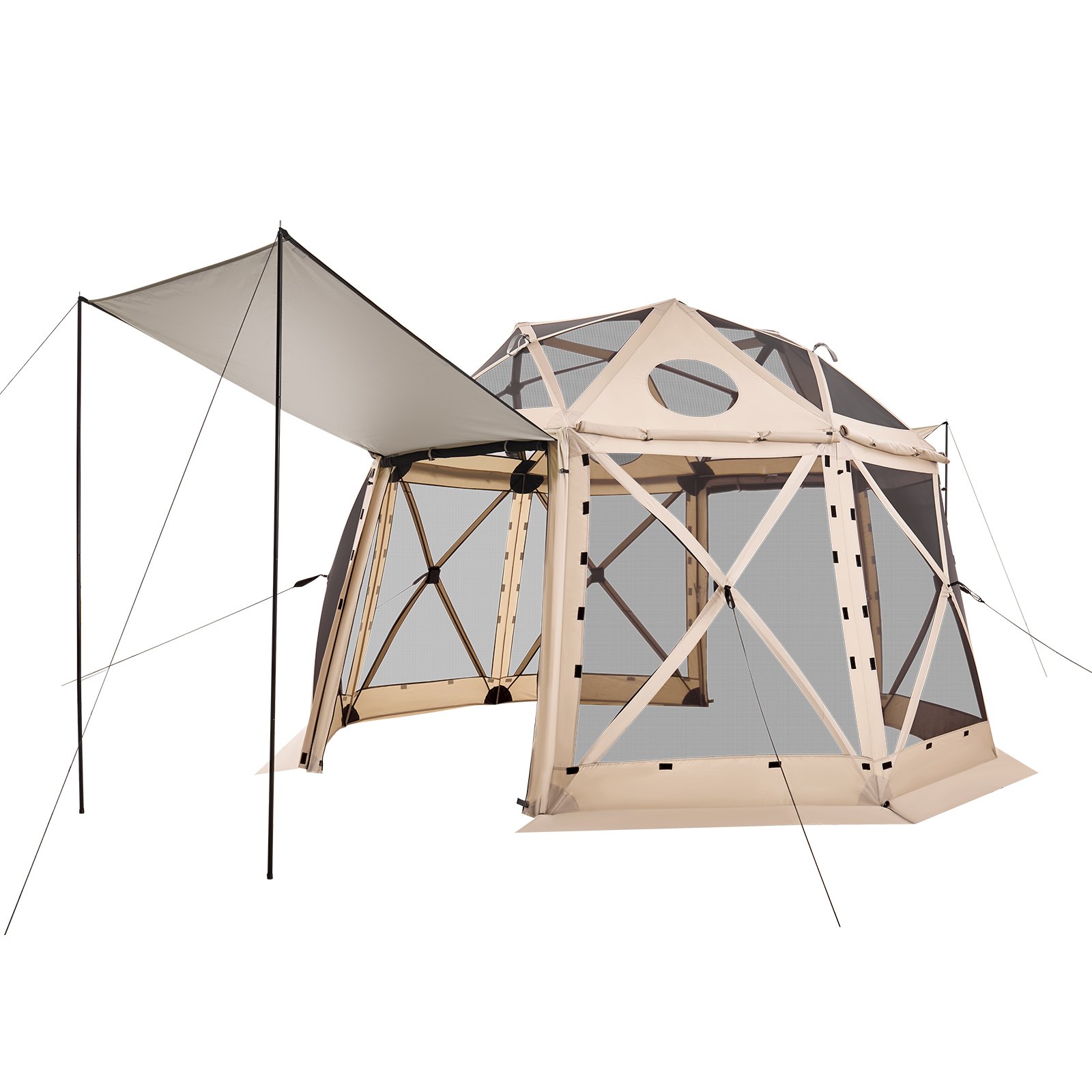 Pop Up Gazebo Screen Tent, 12 X 12 Ft, 13-Sided Spherical Camping Canopy Tent With Removable Top & Carry Bag, Quick-Set & Bite-Proof, Screen House Sun Shelter For 8-10 Persons, Beige