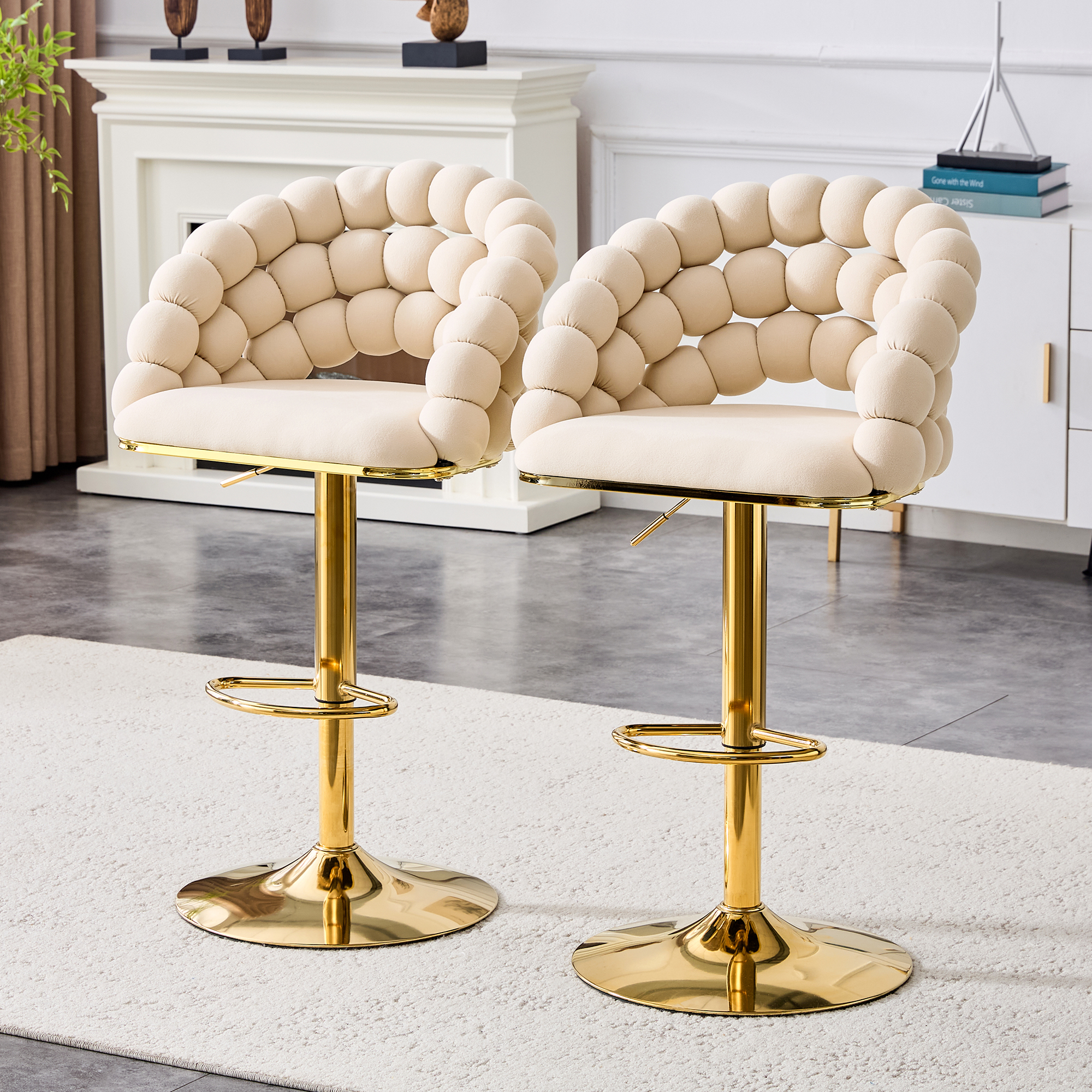 Set Of 2 Beige Puffy Bubble Chair Ball Chain Chair Velvet Bar Stools With Gold Legs, Modern Tufted Adjustable Bar Chairs For Kitchen Island & Home Bar