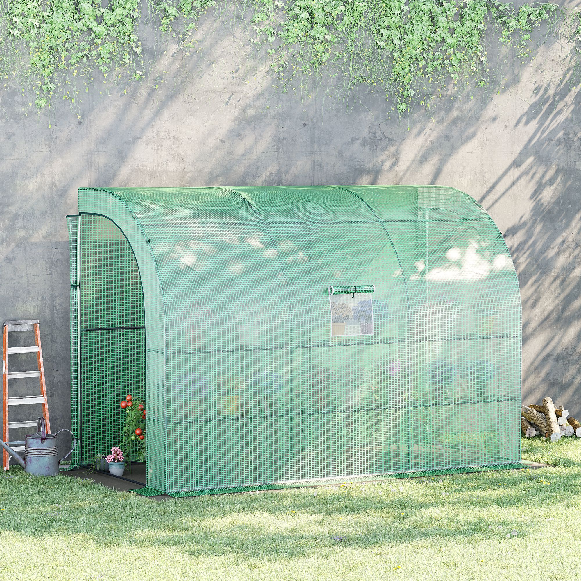 10 x 5 x 7 Lean to Greenhouse, Walk-In Green House, Plant Nursery with 2 Roll-up Doors and Windows, PE Cover and 3 Wire Shelves, Green