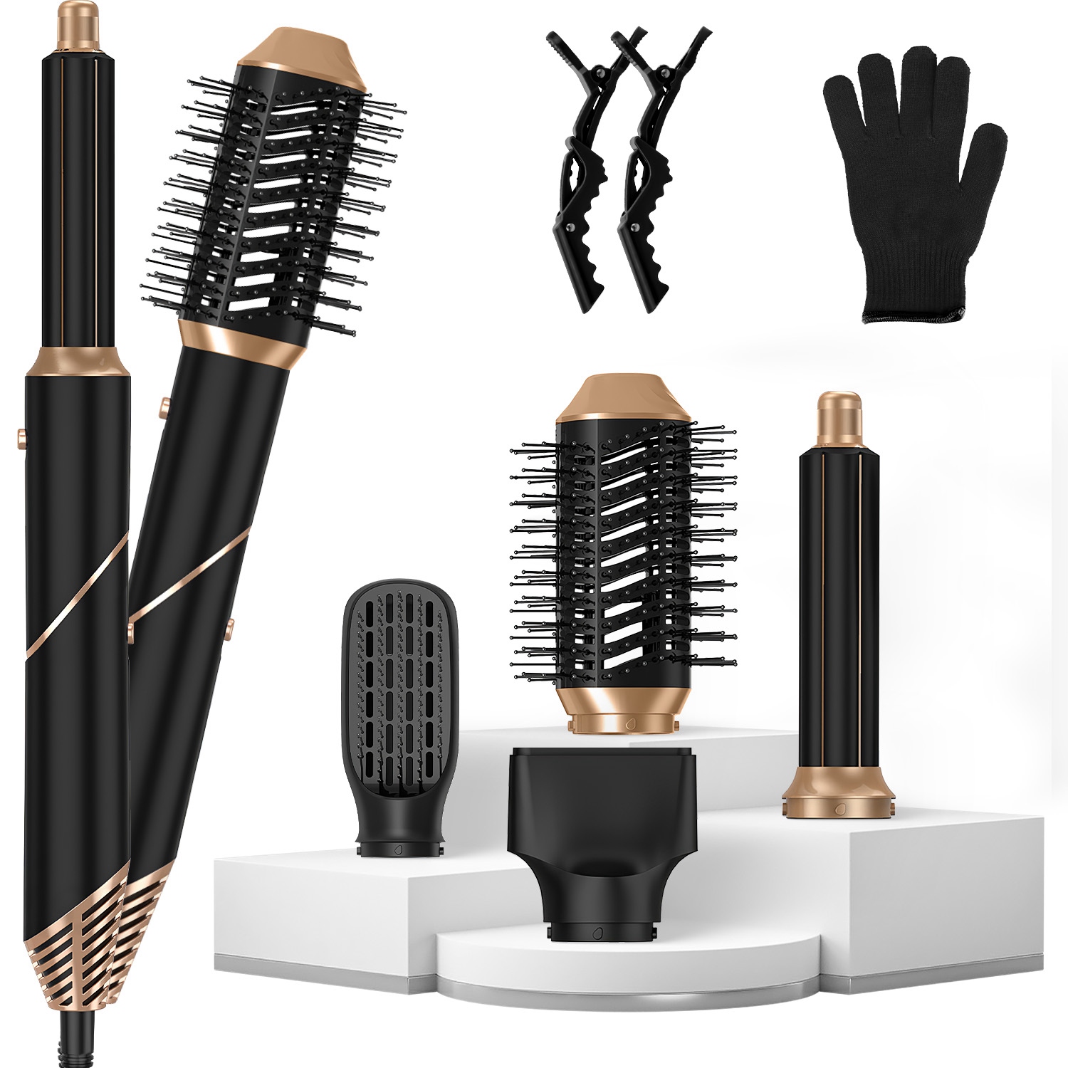 1Pc 5 In 1 Hot Air Styler Straightener Curler Dryer Automatic Wrap Styler Hair Dryer Brush Set With 3 Temp Settings ALCI Plug Glove Cable Tie 2 Alligator Hair Clips
