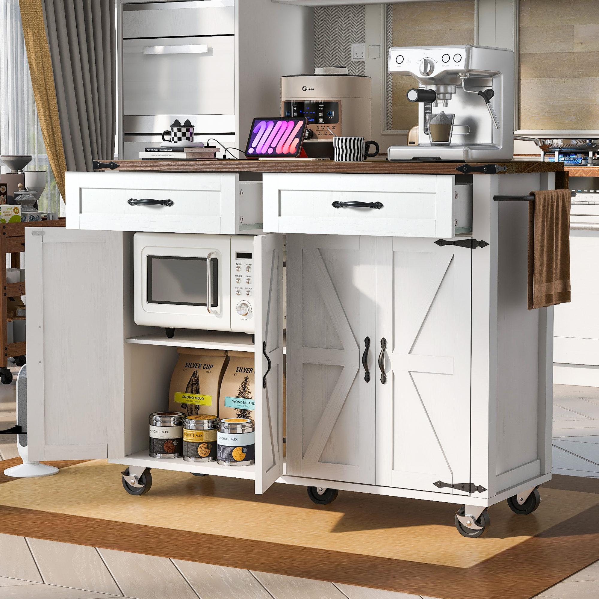 Isla de cocina K&K de 53.5 pulgadas, rústica, con toma de corriente, alas abatibles, ruedas, blanco