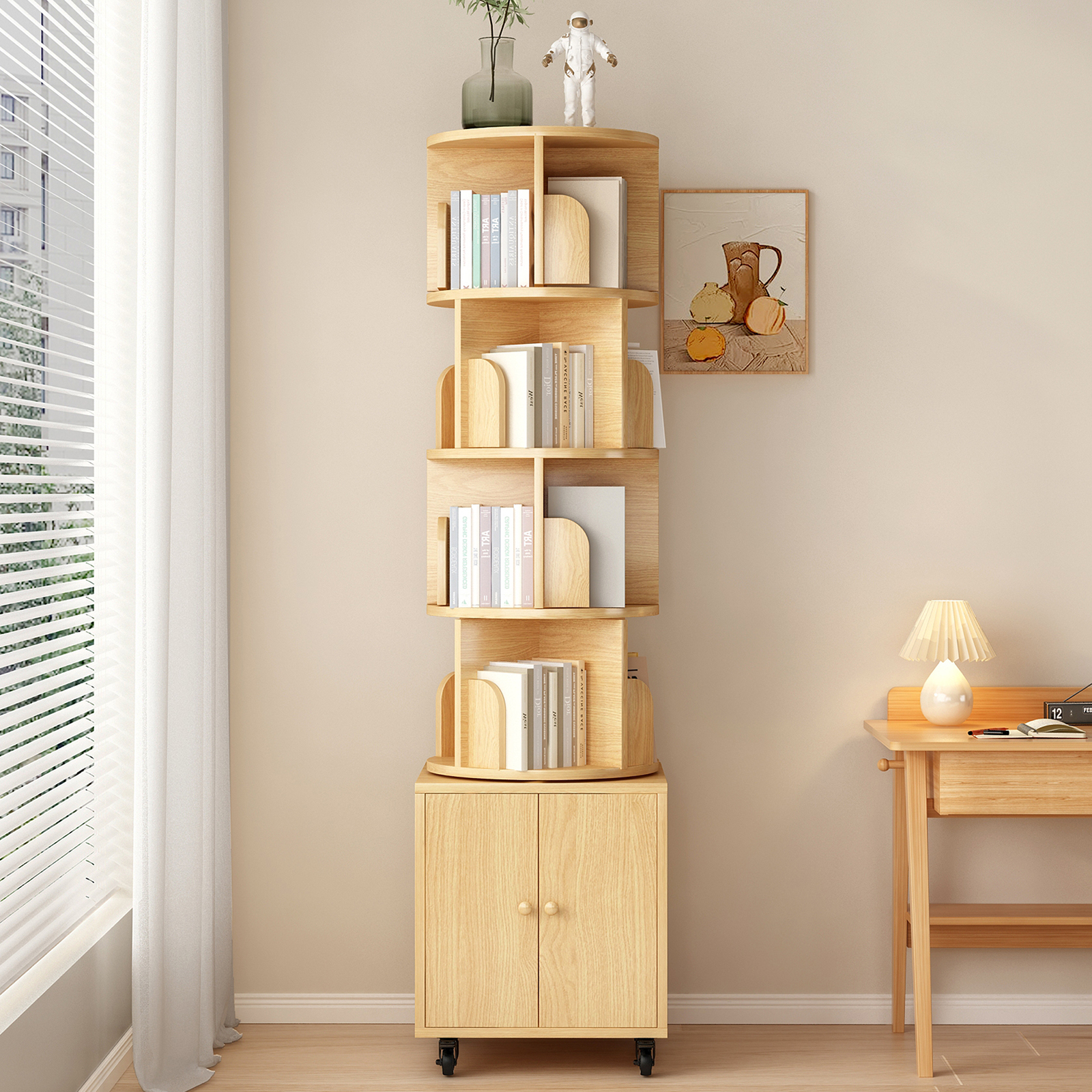 Estantería giratoria 360 grados de 5 niveles, con cajón, madera, color NW