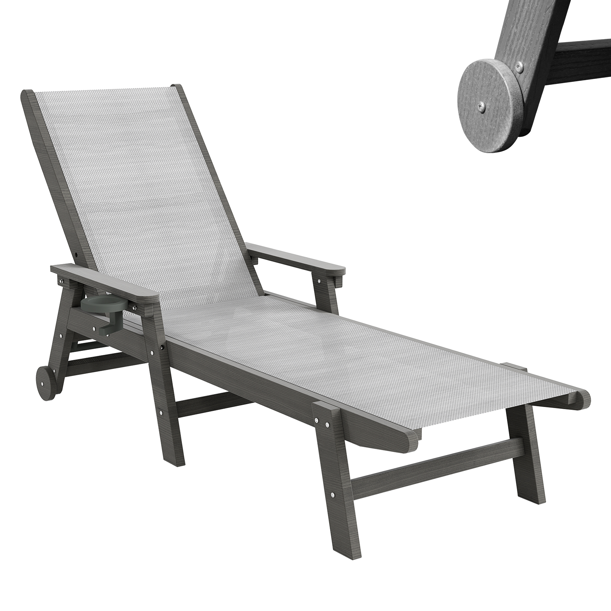 Lounge Chair Outdoor, HDPE Chaise Lounge Outdoor With Wheels, Patio Lounge Chair Adjustable 5-Position Recliner For Patio, Poolside, Yard, Grey
