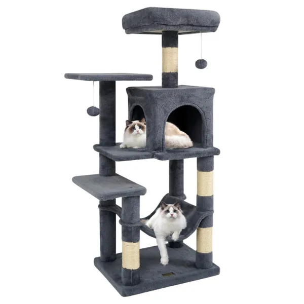 44" Multi-Level Cat Tree With Spacious Top Perch, 2-Door Condo & Hammock For Indoor Cats -Gray