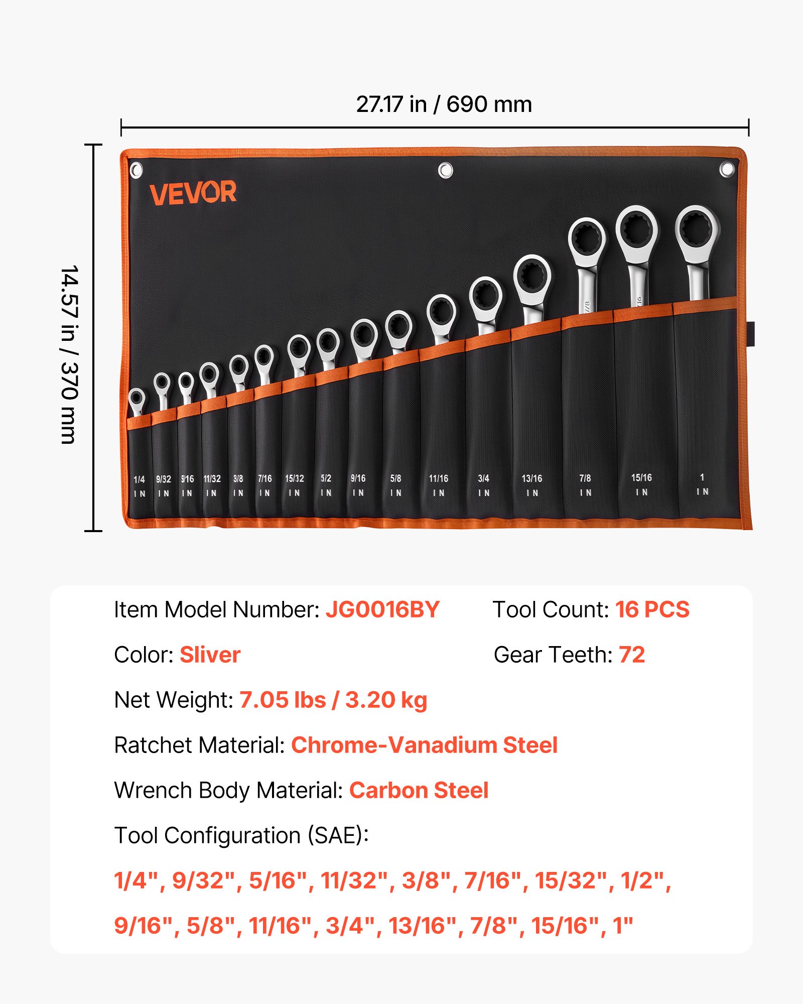 Combination Wrench Set, 16-Piece SAE Sizes, 72 Teeth, Cr-V Steel Ratcheting Wrench Set, With Roll Up Pouch, Open End, Clear Size Labels, For General Household And Automotive Repairs, Silver