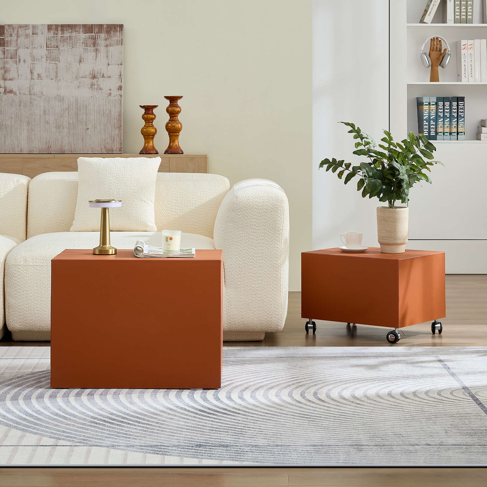Modern Orange MDF Saddle Leather Table -Two Compact Sizes, Perfect For Living Room Decor & Daily Use