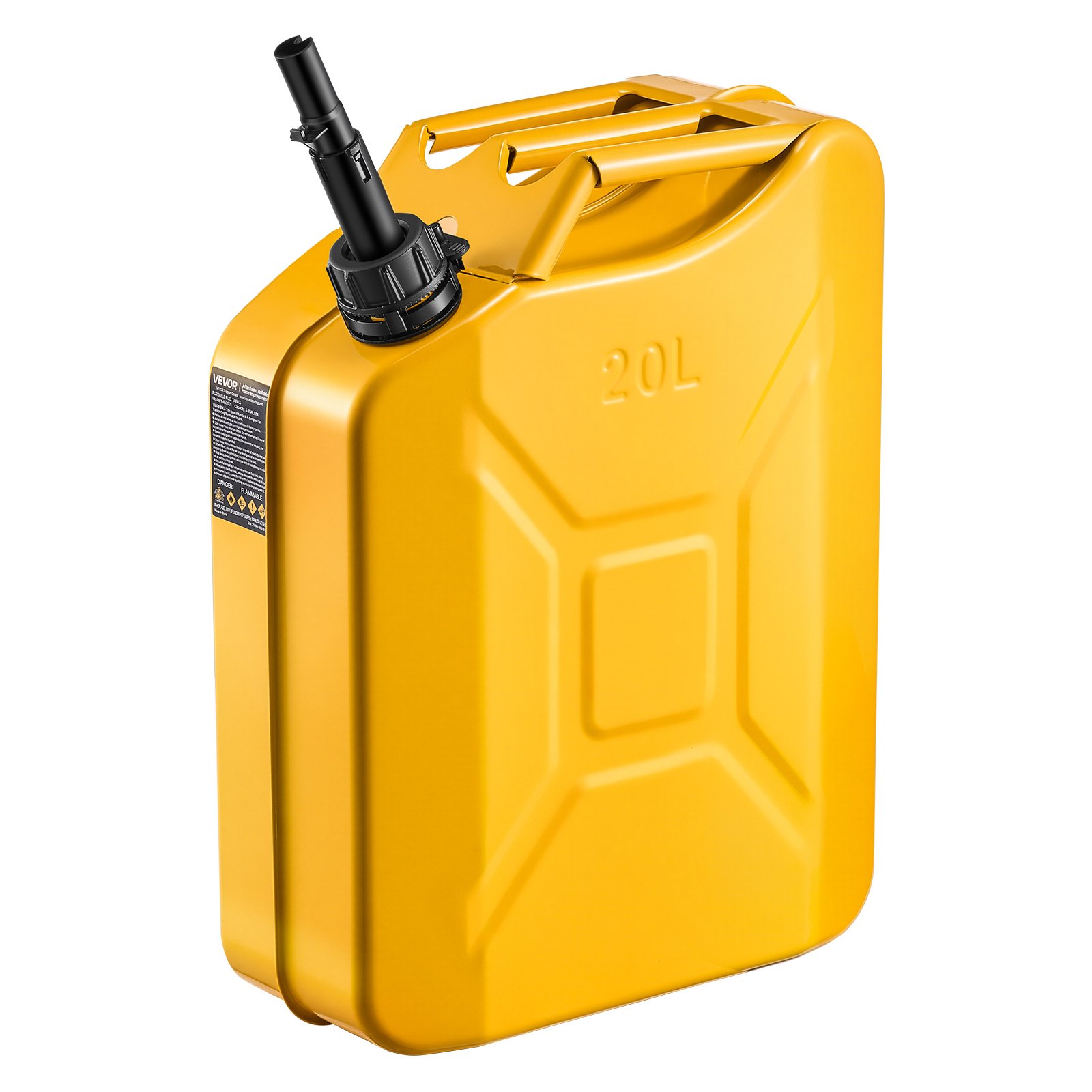 Bidón de combustible metálico, 5.3 galones, con boquilla y asa, 6 L/min, amarillo