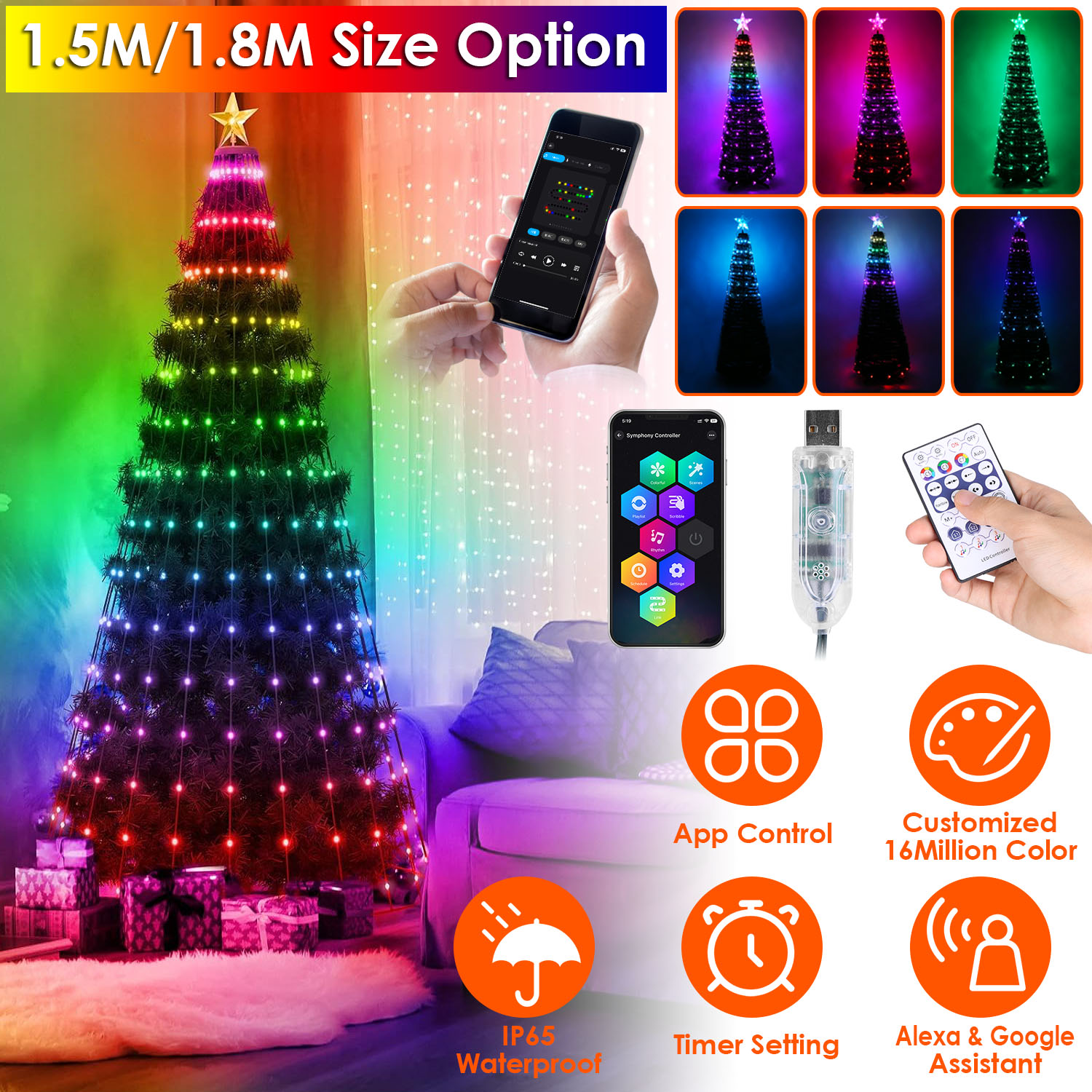 Luz de árbol de Navidad plegable de 4.9-5.9 pies con control remoto y app, IP65