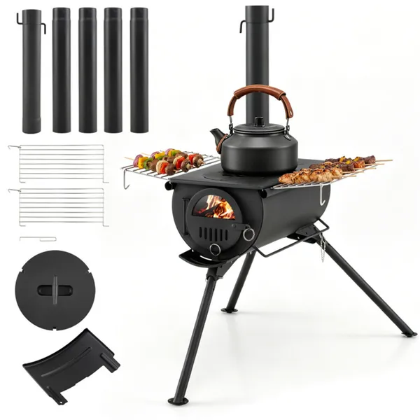 Estufa de camping plegable de leña con chimenea de 5 secciones y ventana, acero al carbono