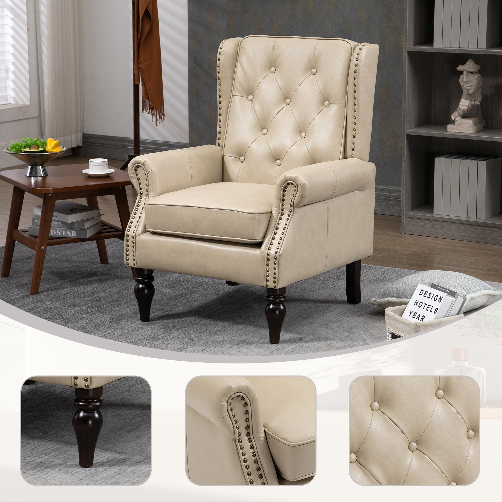 Sillón moderno con estructura de madera, patas resistentes, para sala y dormitorio, PU.