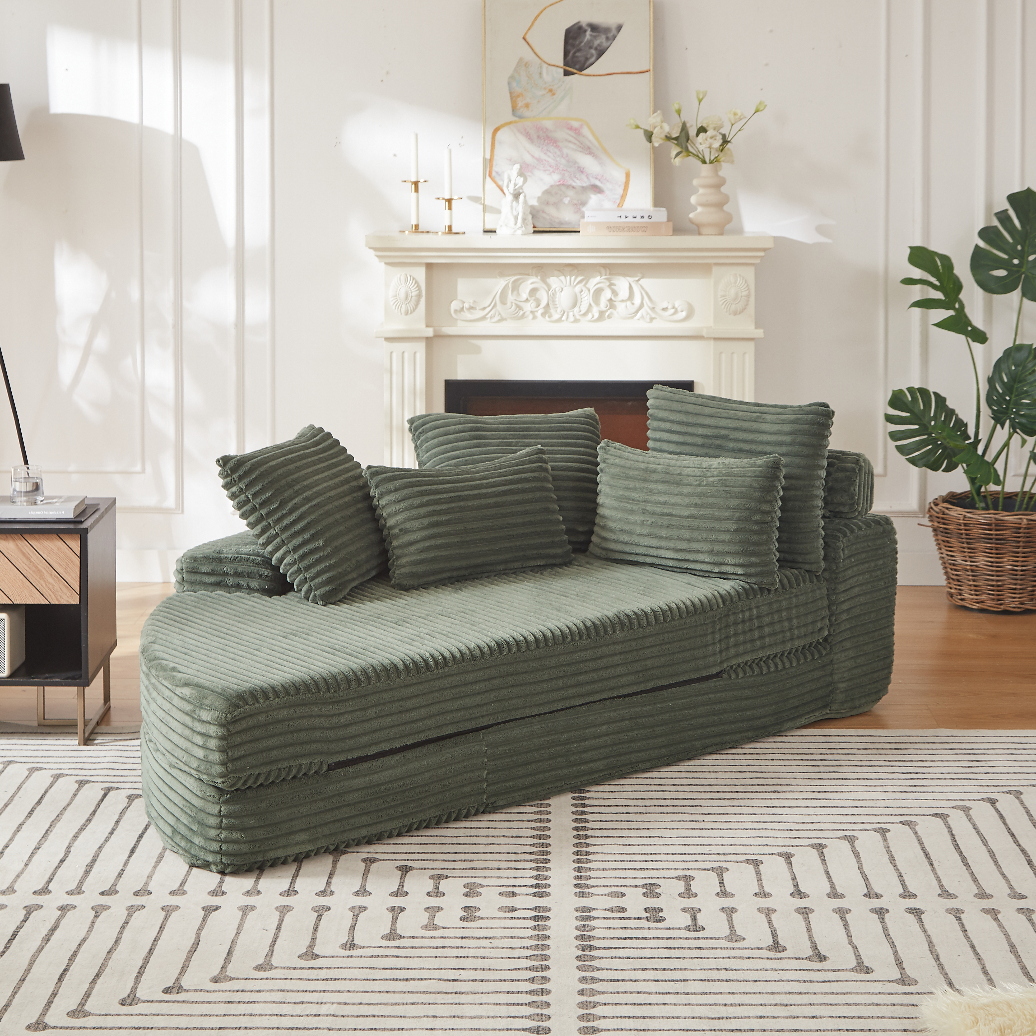 78.5-Inch Corduroy Semi-Circular 2-in-1 Sofa Bed, Designer Recliner With Neck Pillow And Five Throw Pillows In Living Room