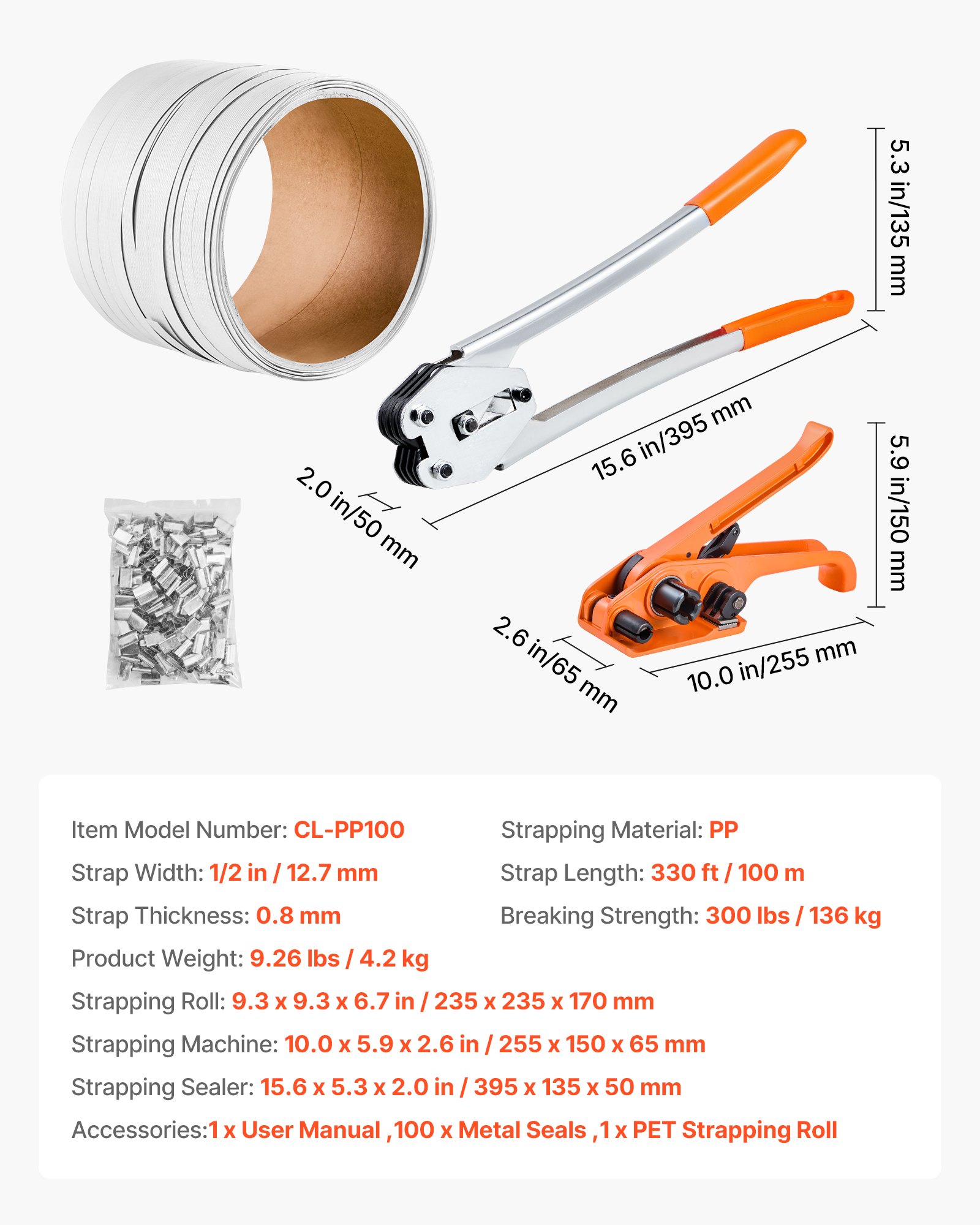 Kit de flejado resistente, banda de PP de 330 pies, 100 sellos metálicos, naranja
