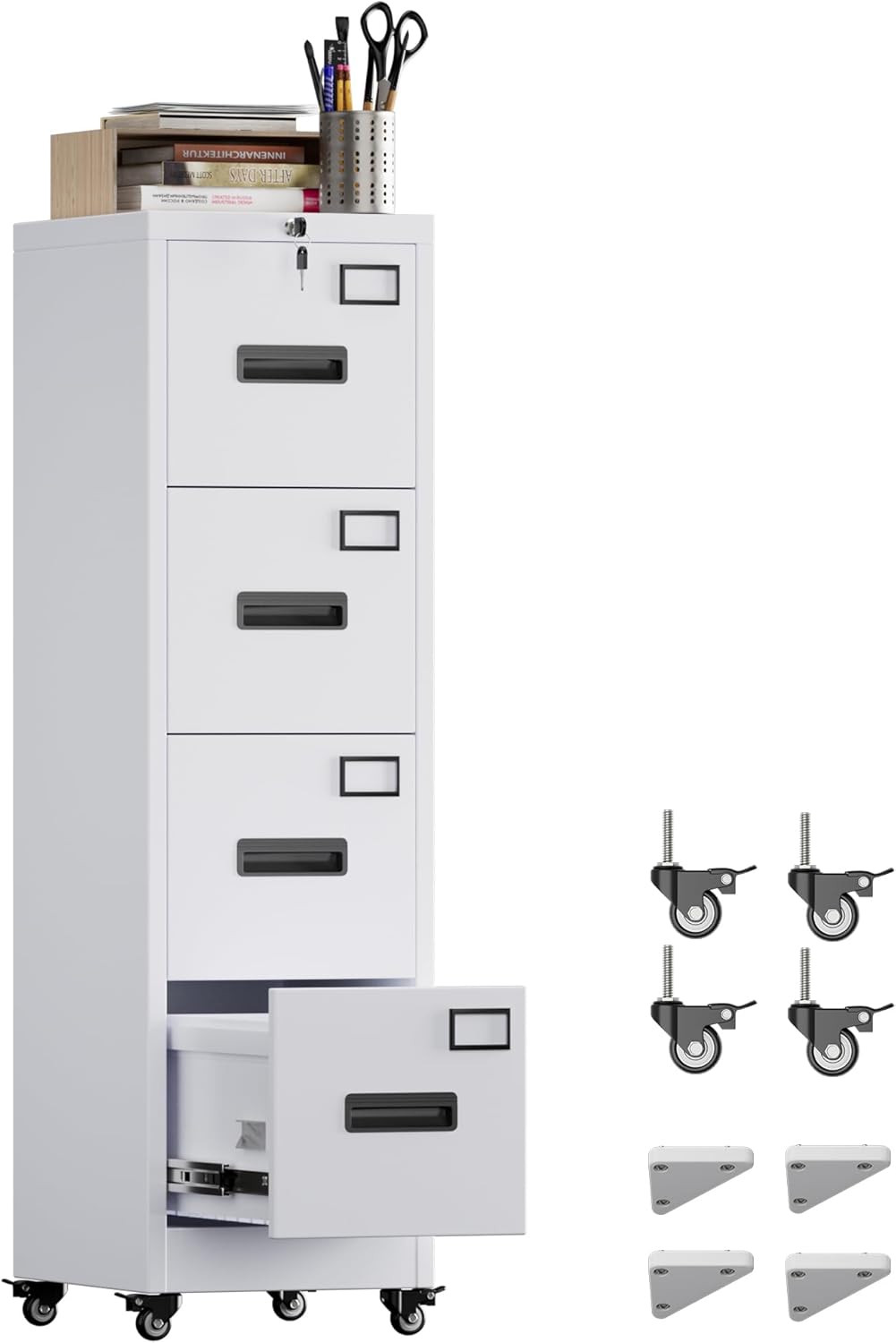 Archivador vertical METAN de 4 cajones, con ruedas, cerradura, móvil, blanco.