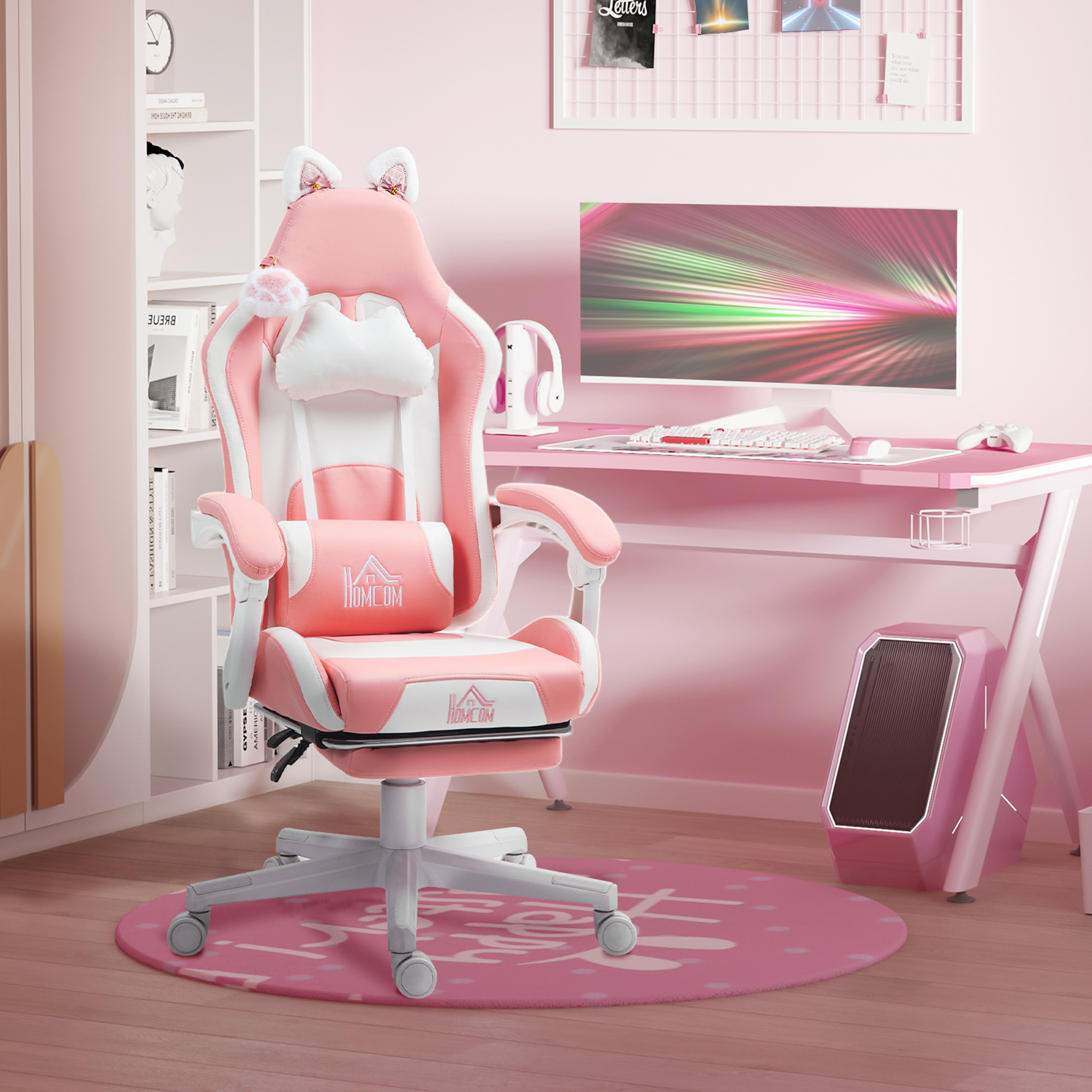 Cute Racing Gamer Chair, Faux Leather Gaming Chair with Footrest, Headrest and Lumbar Support, Pink