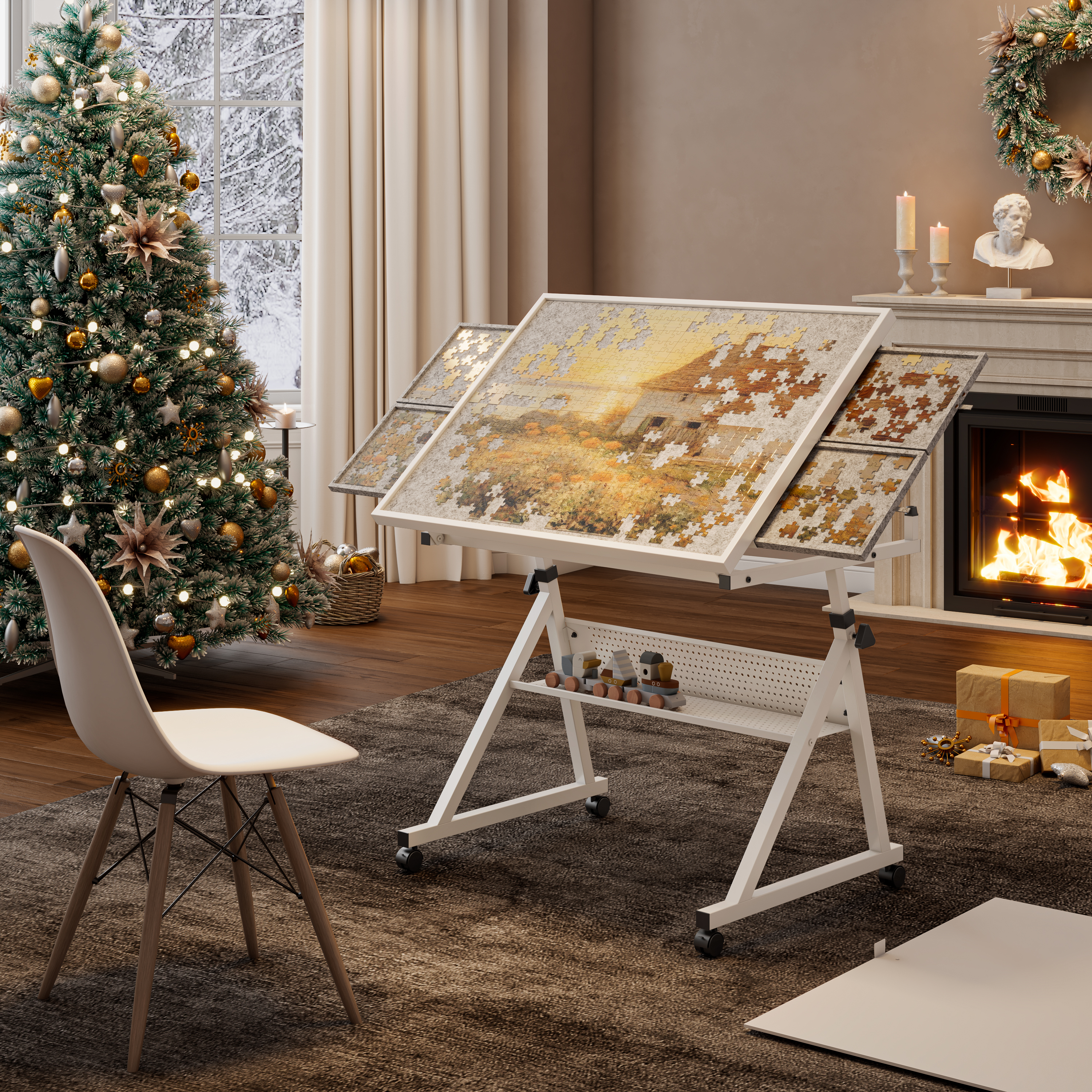 1500 Pieces Jigsaw Puzzle Metal Table Board For Adults Gift With 4 Trays White