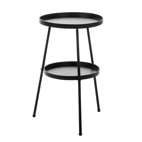 Mesa auxiliar redonda de metal para patio, 2 niveles, interior y exterior, negra.