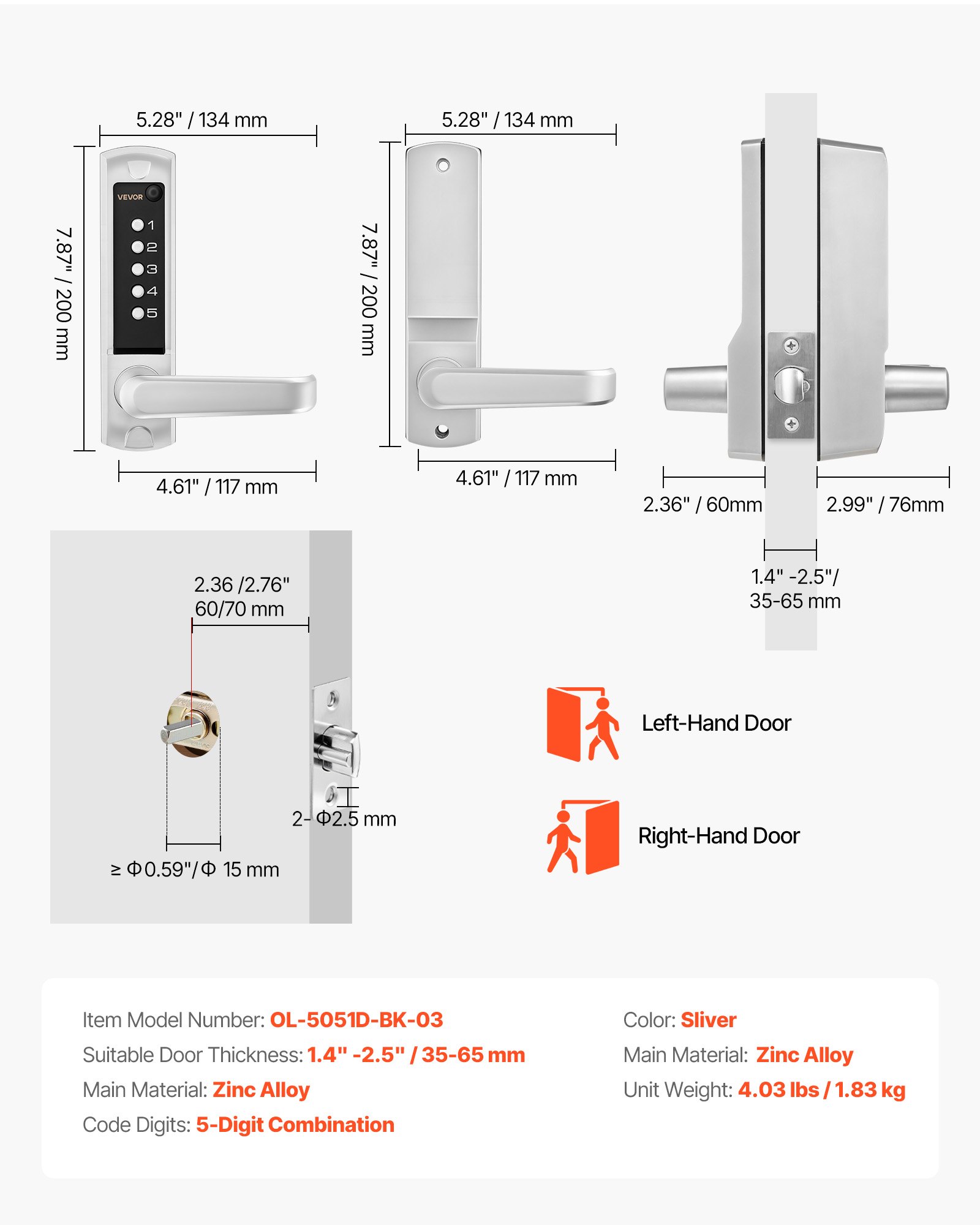 Mechanical Keyless Entry Door Lock, 2.0 Code Upgrade, 5 Digits Code, Single-Sided Push Button Combination Keypad Door Lock With Handle, Auto Locking, For Garden Gates, Indoor Or Outdoor, Silver