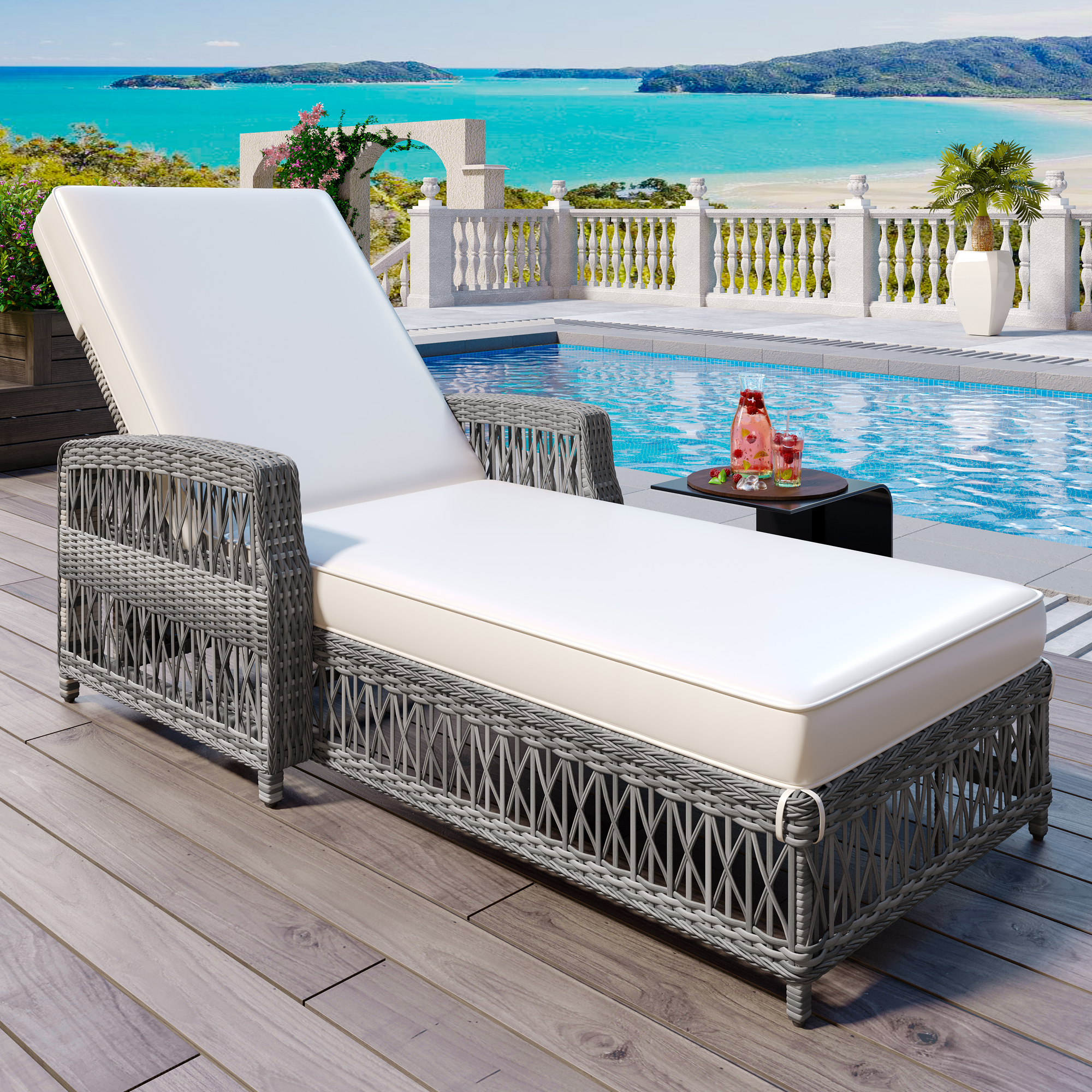 Tumbona reclinable GO de exterior, mimbre, reposabrazos, cojines extraíbles, beige