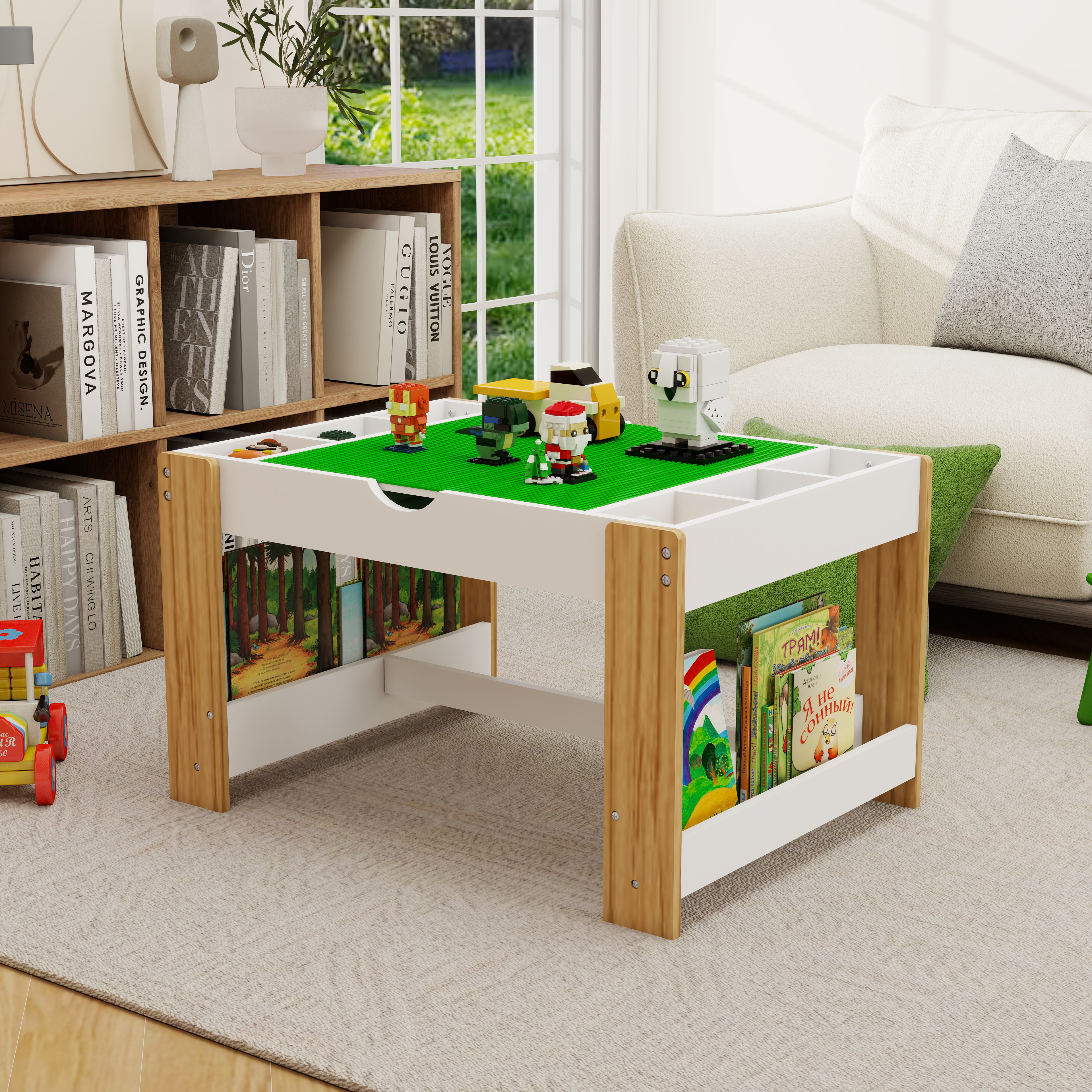 Mesa de juegos 2 en 1 para niños con 7 compartimentos, compatible con LEGO, blanca