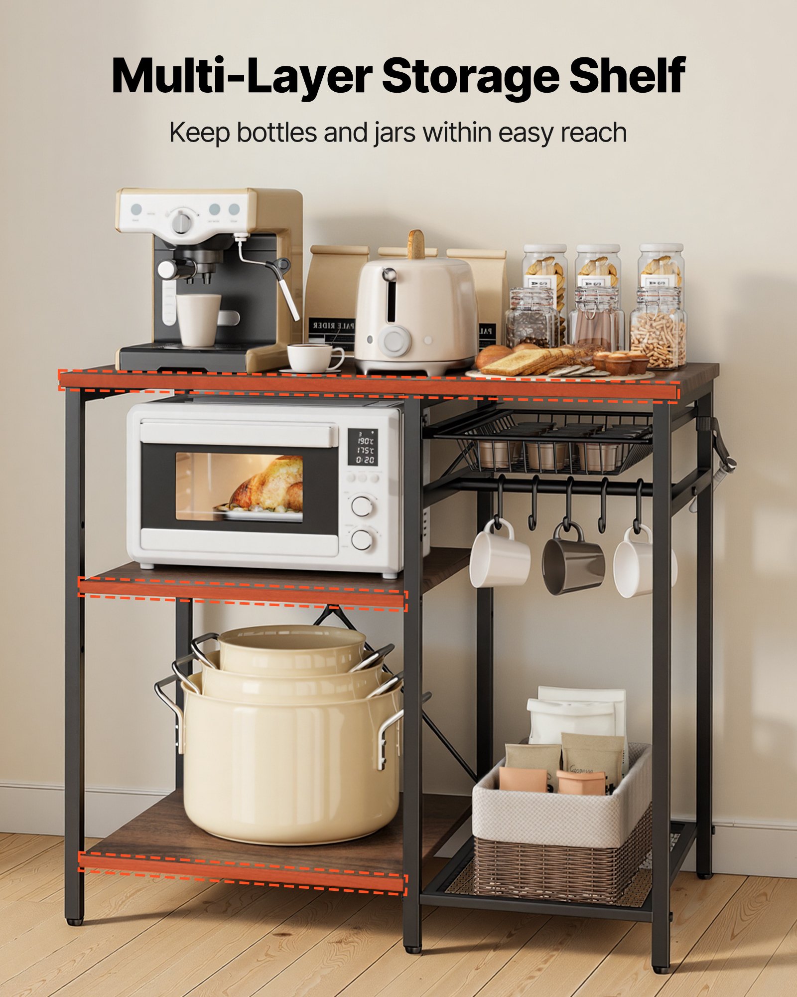 Kitchen Bakers Rack, 35.4 Inch Width Bakers Rack, Kitchen Stand With X-Shaped Support Bar, 5 S-Shaped Hooks, Multi-Layer Storage Shelf, Coffee Bar Stand For Dishes & Bowls, Spice Bottles