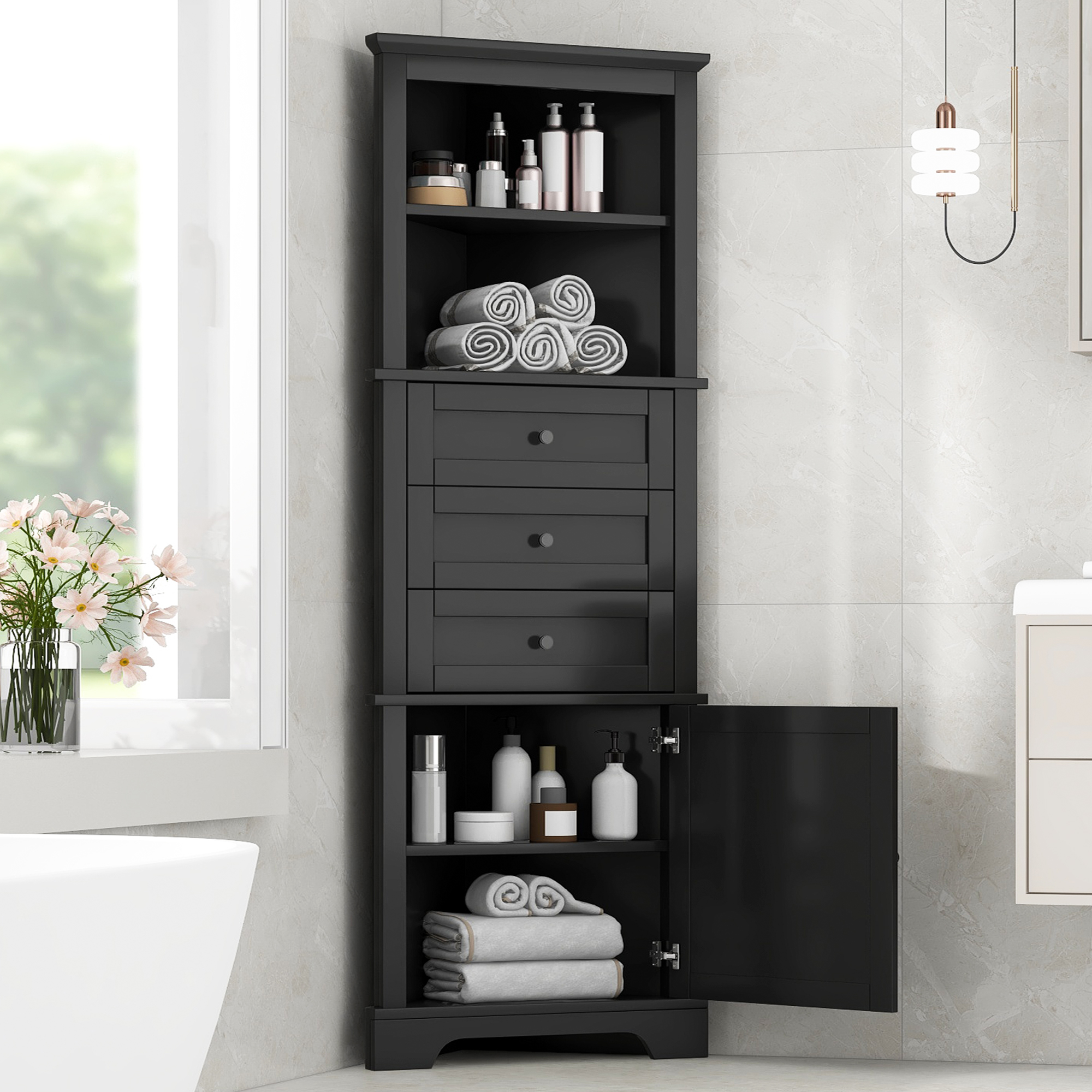 Gabinete alto triangular negro con 3 cajones y estantes ajustables