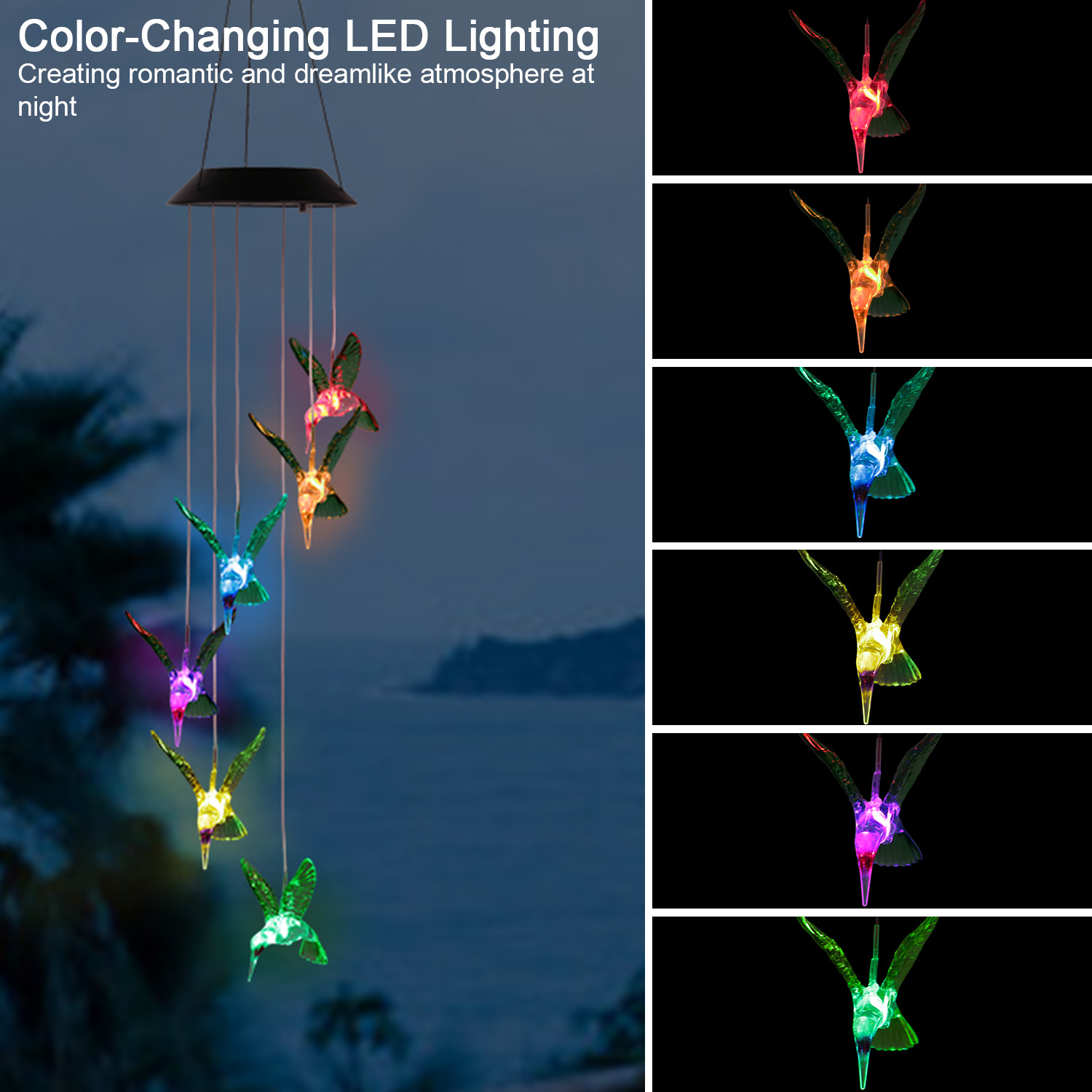 Campana de viento solar LED con colibrí, 6 LEDs, cambio de color, IP65 impermeable
