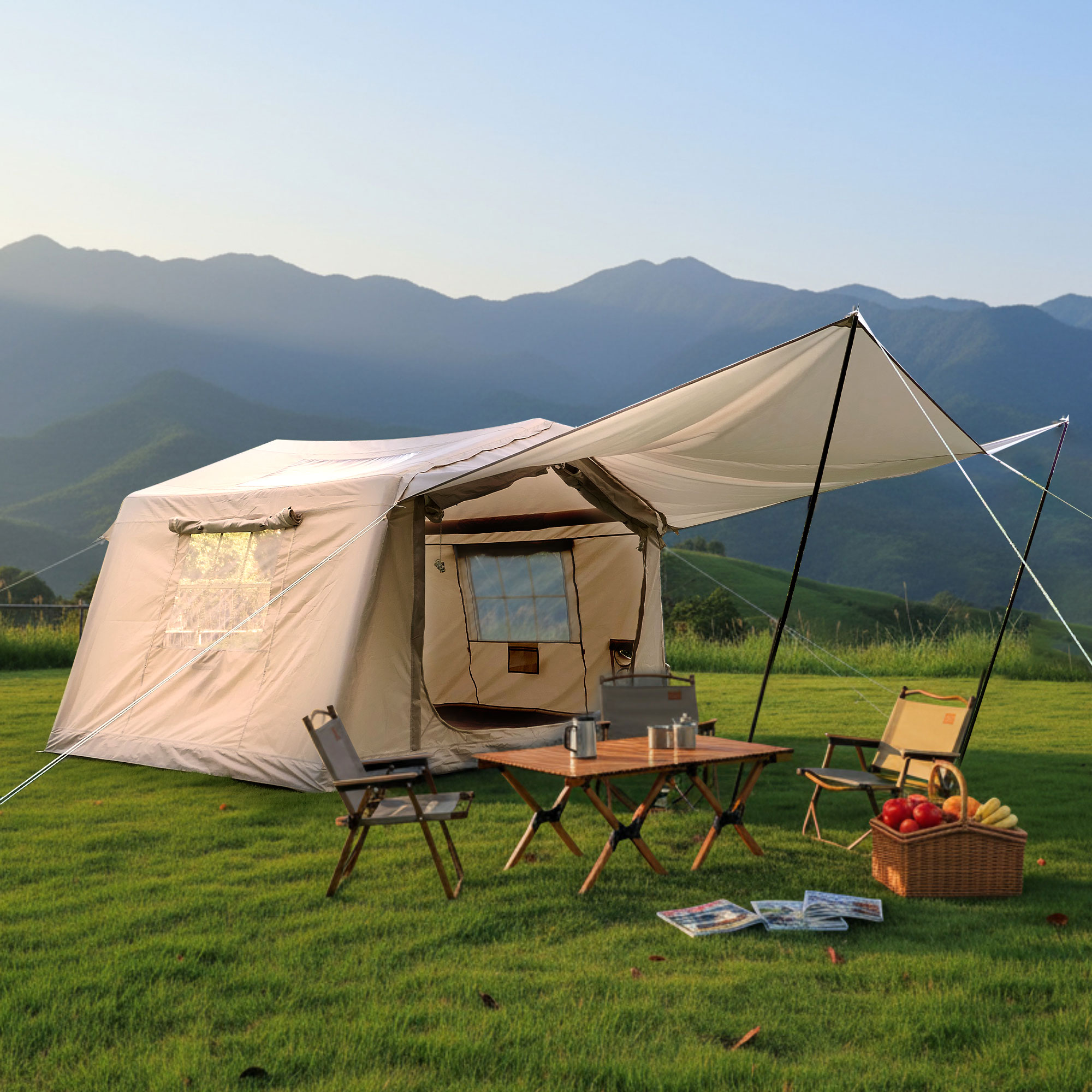 8 m ² Inflatable Tents for Camping with canopy, Blow Up Tent with Hand Pump, Easy Setup InflatableTent 4 Season Tent, Waterproof Oxford Air Glamping Tents for Camping Adult 4/6/8 Person