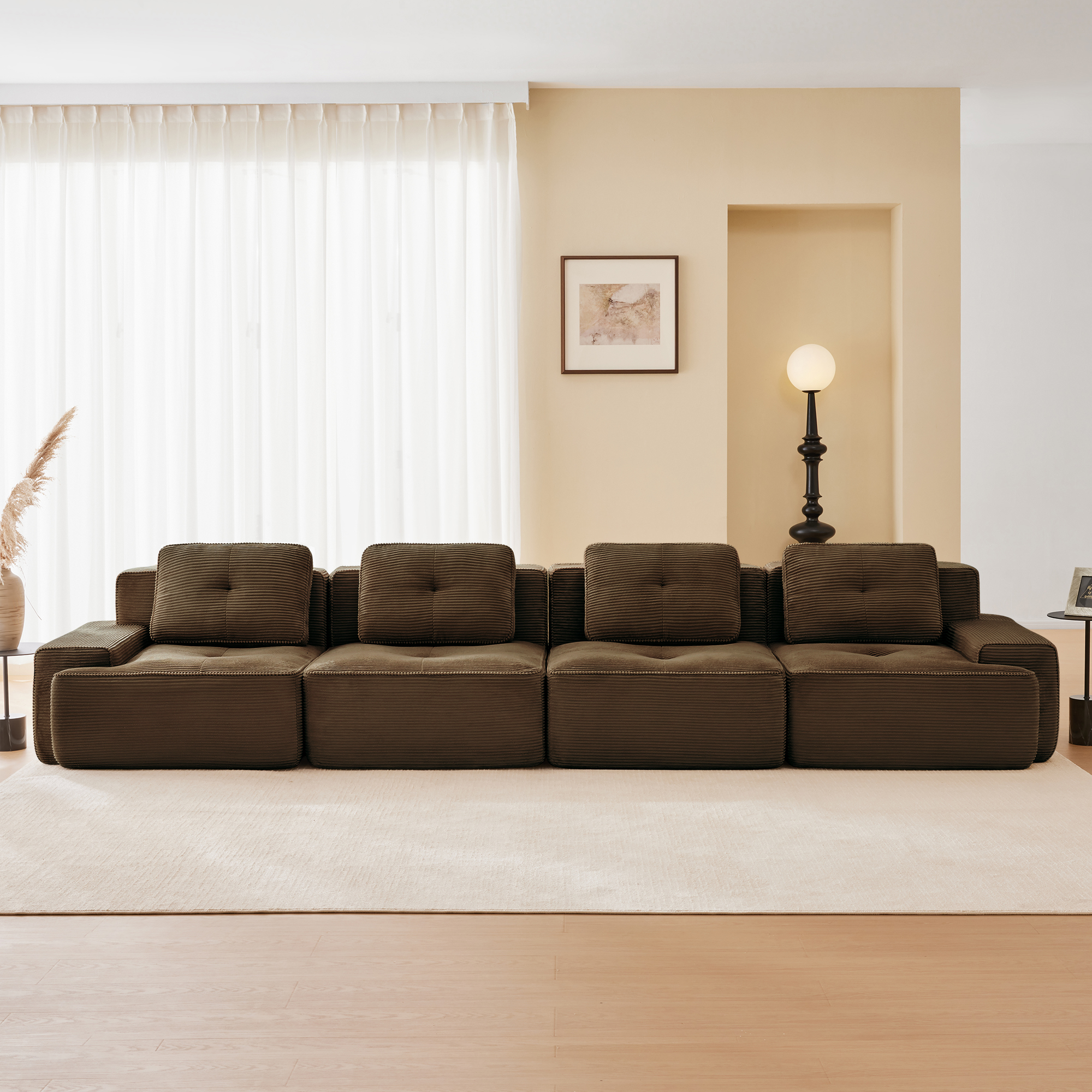 153 Modern Modular Sectional Sofa For Living Room, Corduroy Fabric,4-Seater Couch With Deep Seat, Pearl-like Piping, Tufted Design, Buckle Connection, No Assembly, Anti-slip Design, Brown