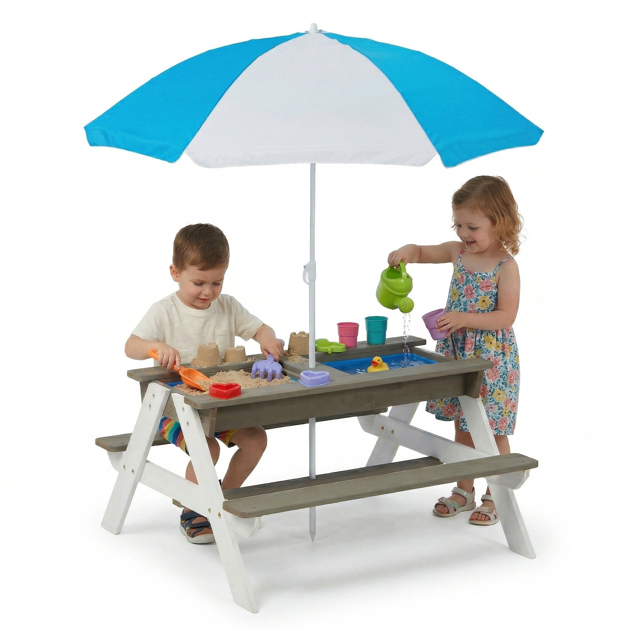 Wooden Kids Picnic Table, Sand And Water Table With Umbrella, Activity Table For Outdoor Backyard Patio Play