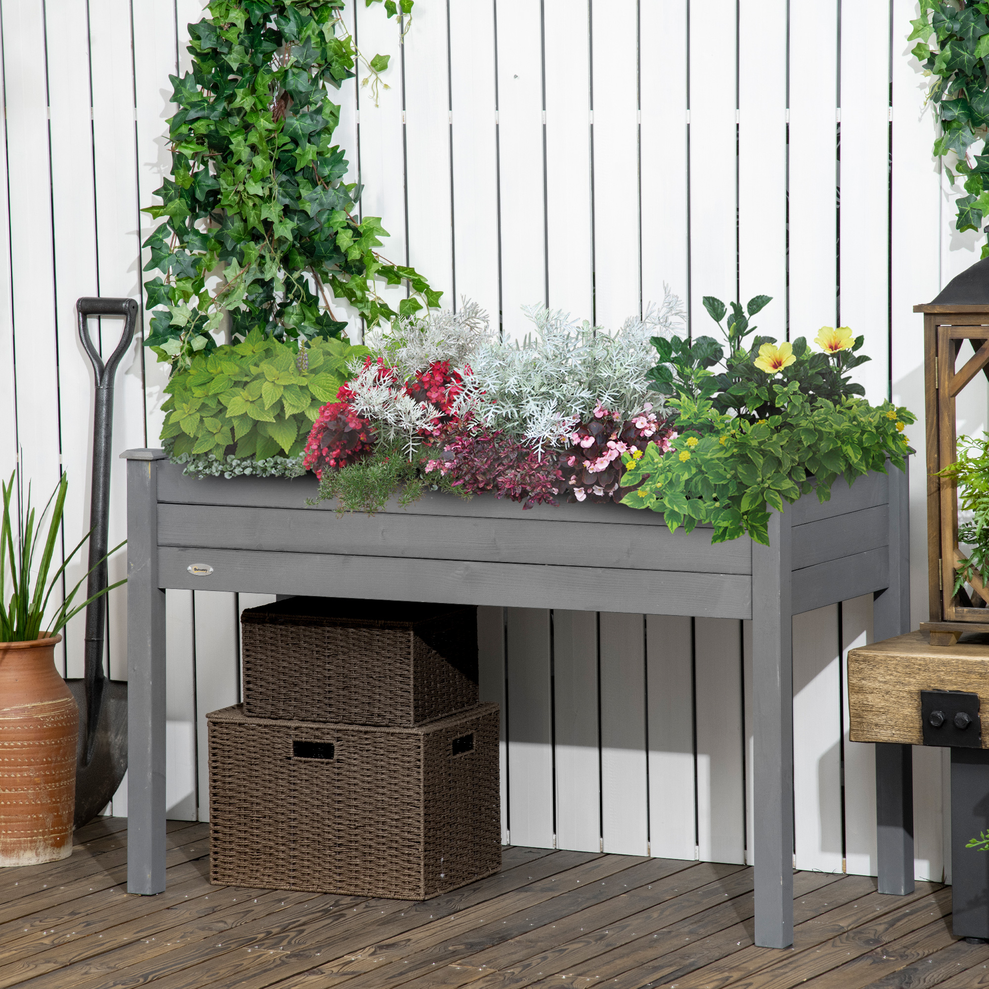 Cama de jardín elevada de 48 pulgadas, macetero de madera con orificios, gris oscuro