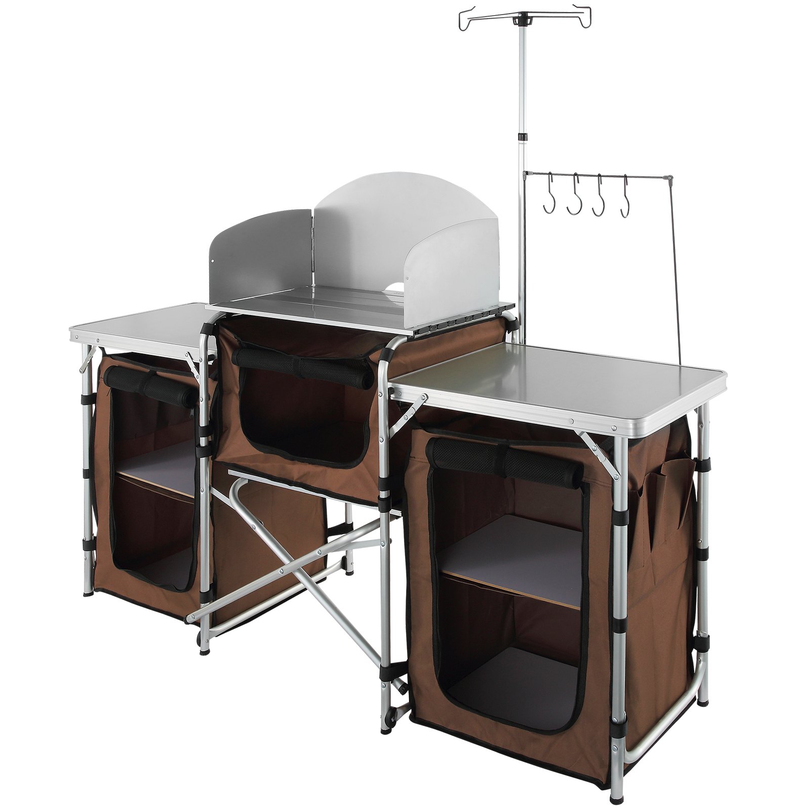 Mesa de cocina plegable para camping con 3 armarios, paravientos y bolsa de transporte.
