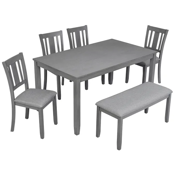 6 Piece Kitchen Dining Set, Rectangular Wooden Dining Table With 4 Upholstered Chairs And A Bench, Dining Table Set For 6 People, Living Room, Home Bar And Kitchen, Gray