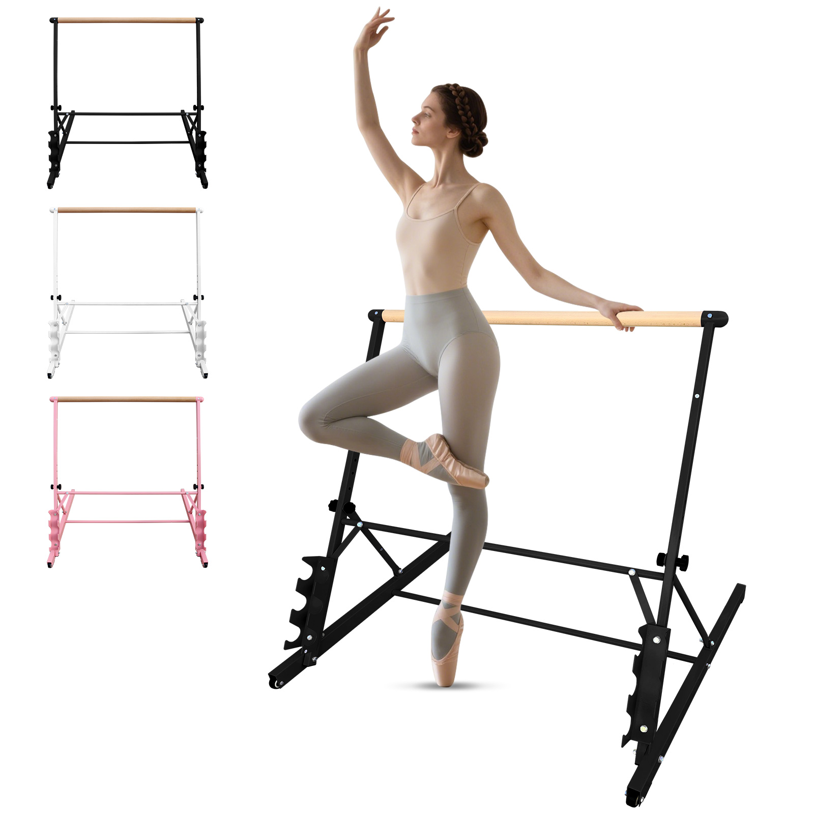 Barra de ballet de madera maciza negra, 3.5 pies, altura ajustable 31.5-39.5 pulgadas.