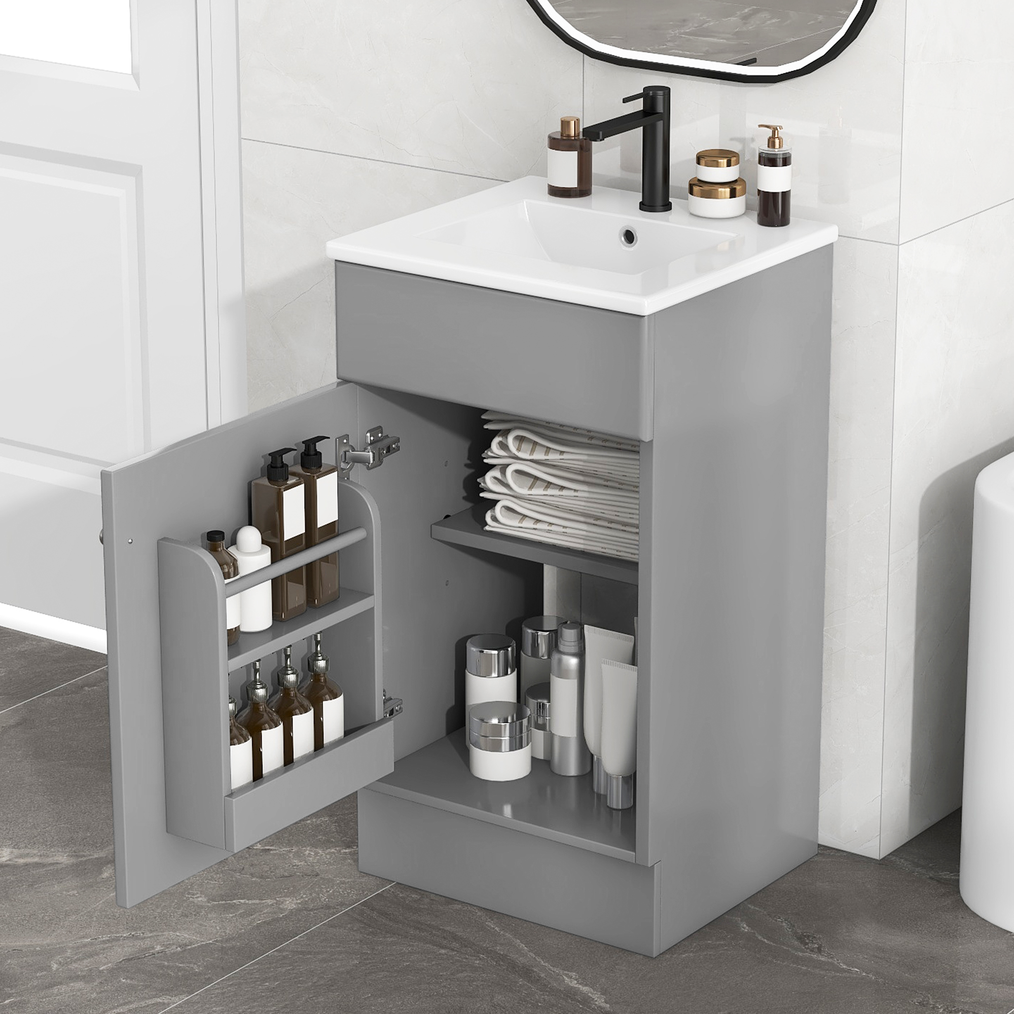 Video 18 Bathroom Vanity With Sink, Vanity Cabinet With Door Shelf And Adjustable Shelf, Grey