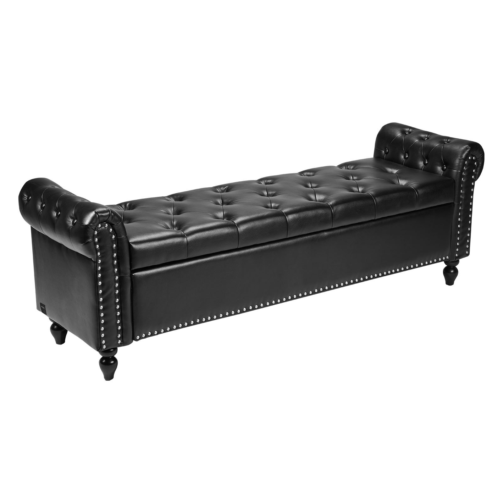 Banco otomano de almacenamiento con botones, brazos enrollados, cuero PU, patas de madera, negro