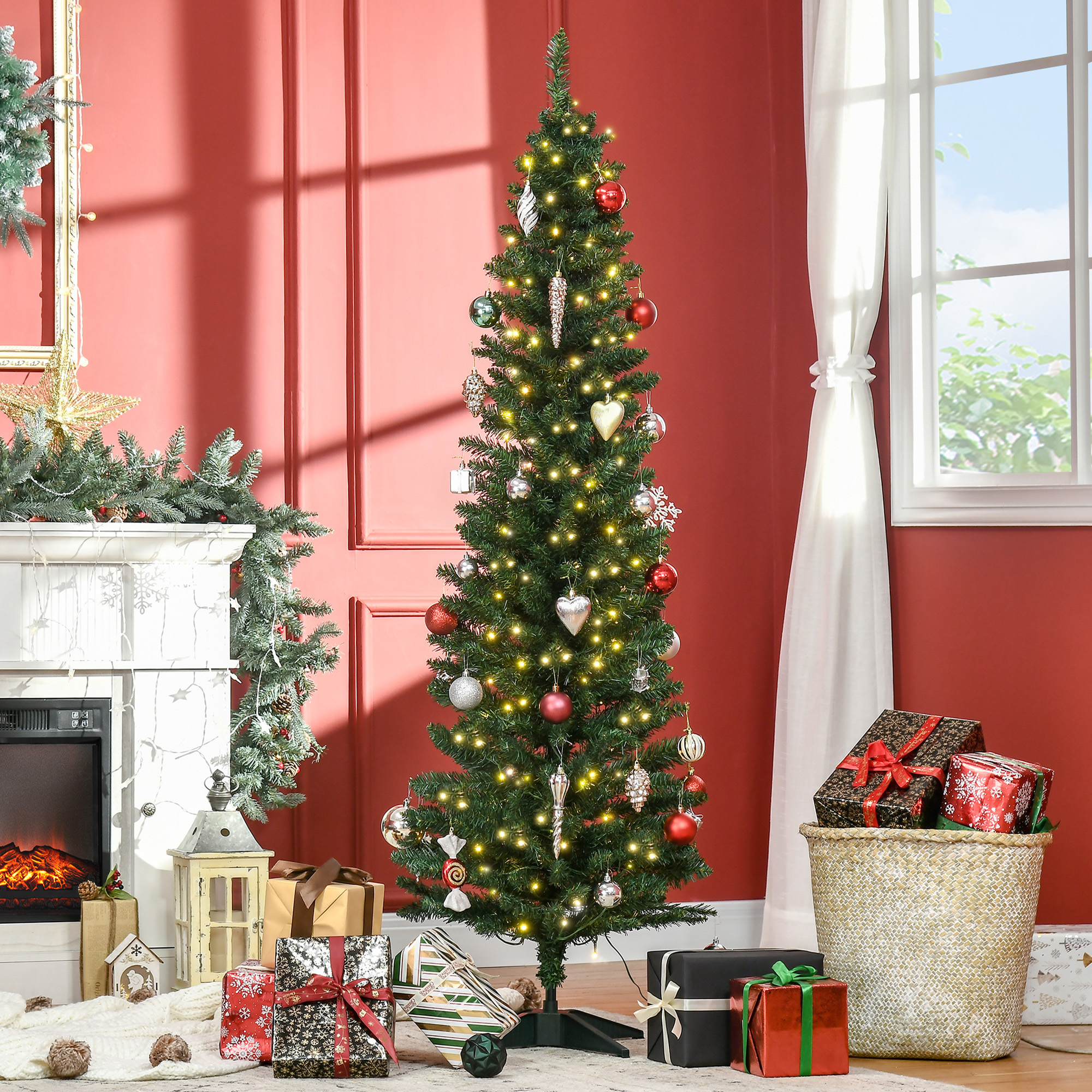 Árbol de Navidad artificial de 6 pies, preiluminado, delgado, 200 LED, verde