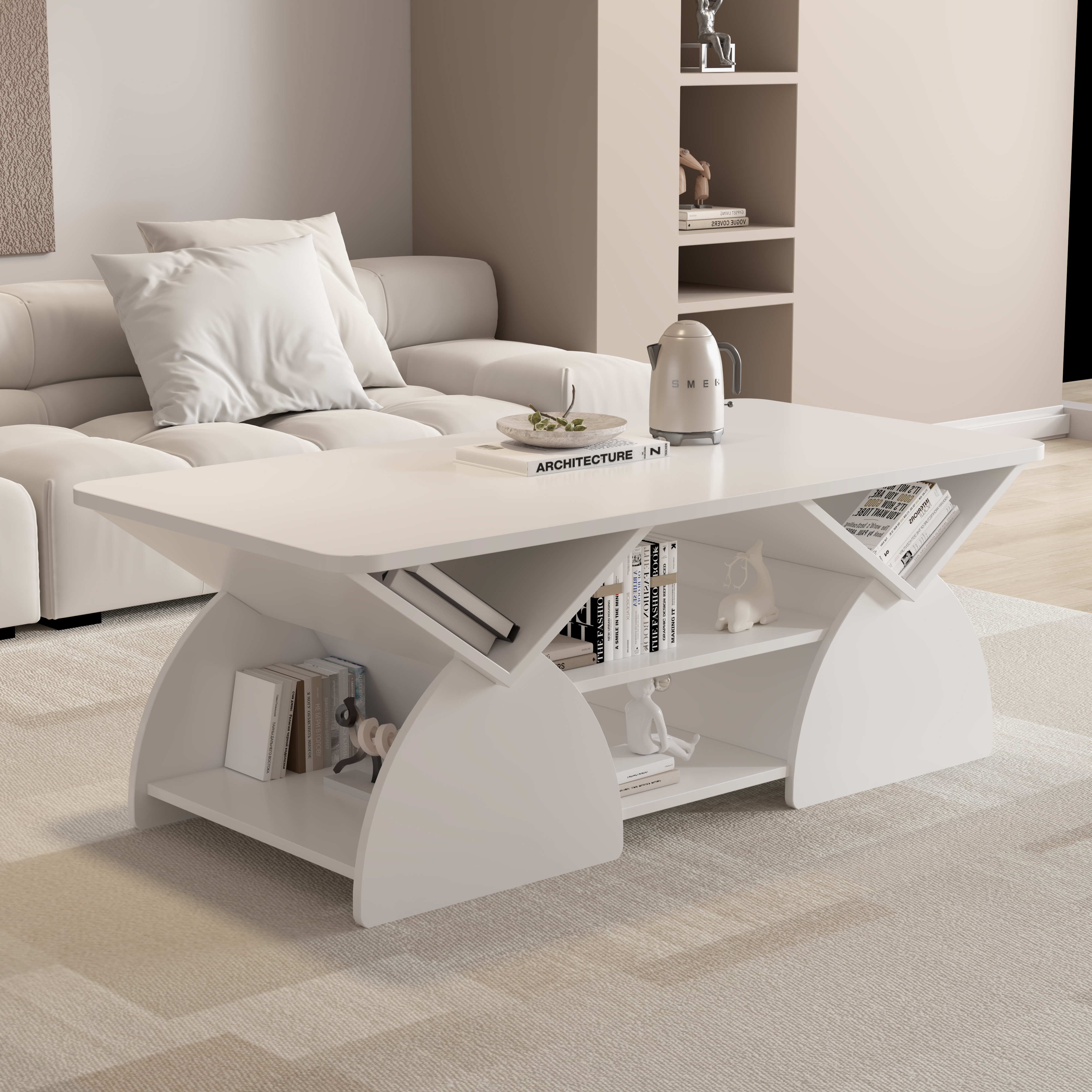 Mesa de centro moderna rectangular de madera con esquinas redondeadas, estantes, blanca
