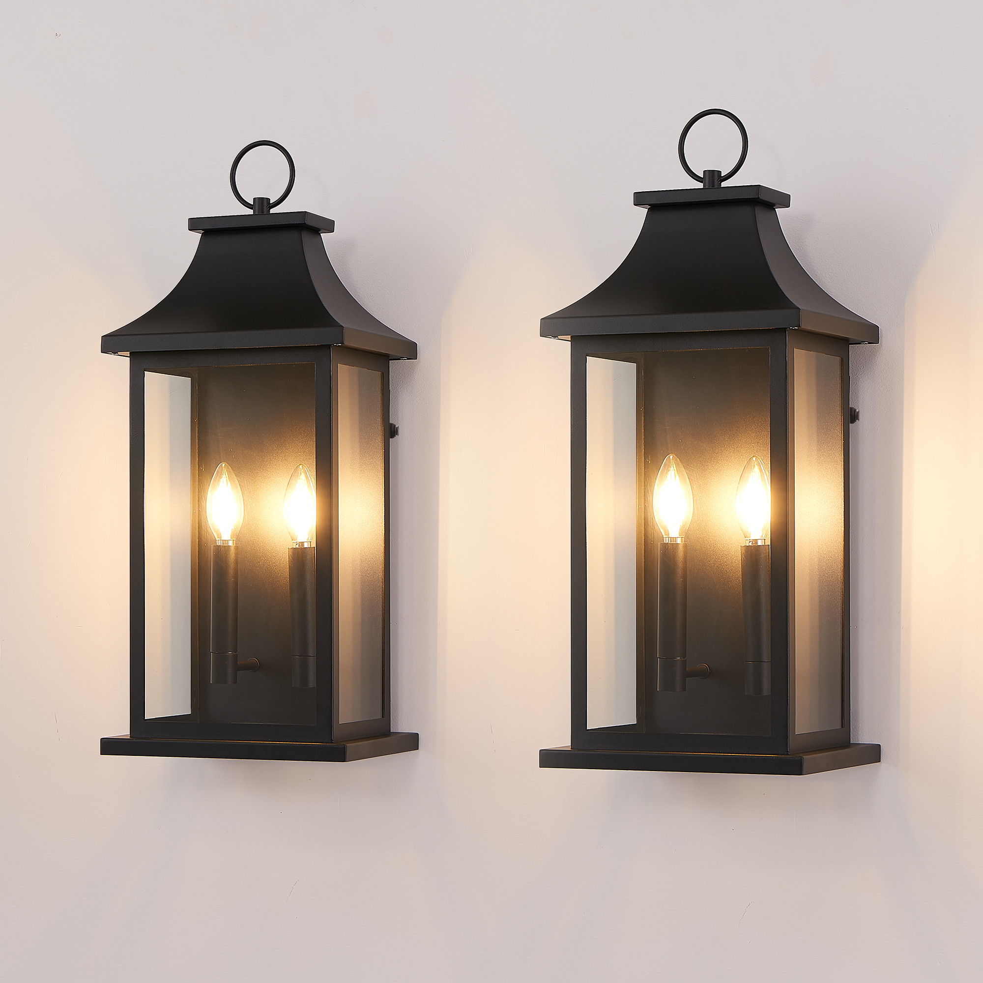 Paquete de 2 linternas de pared exterior de 22.2 pulgadas, anochecer a amanecer, negro