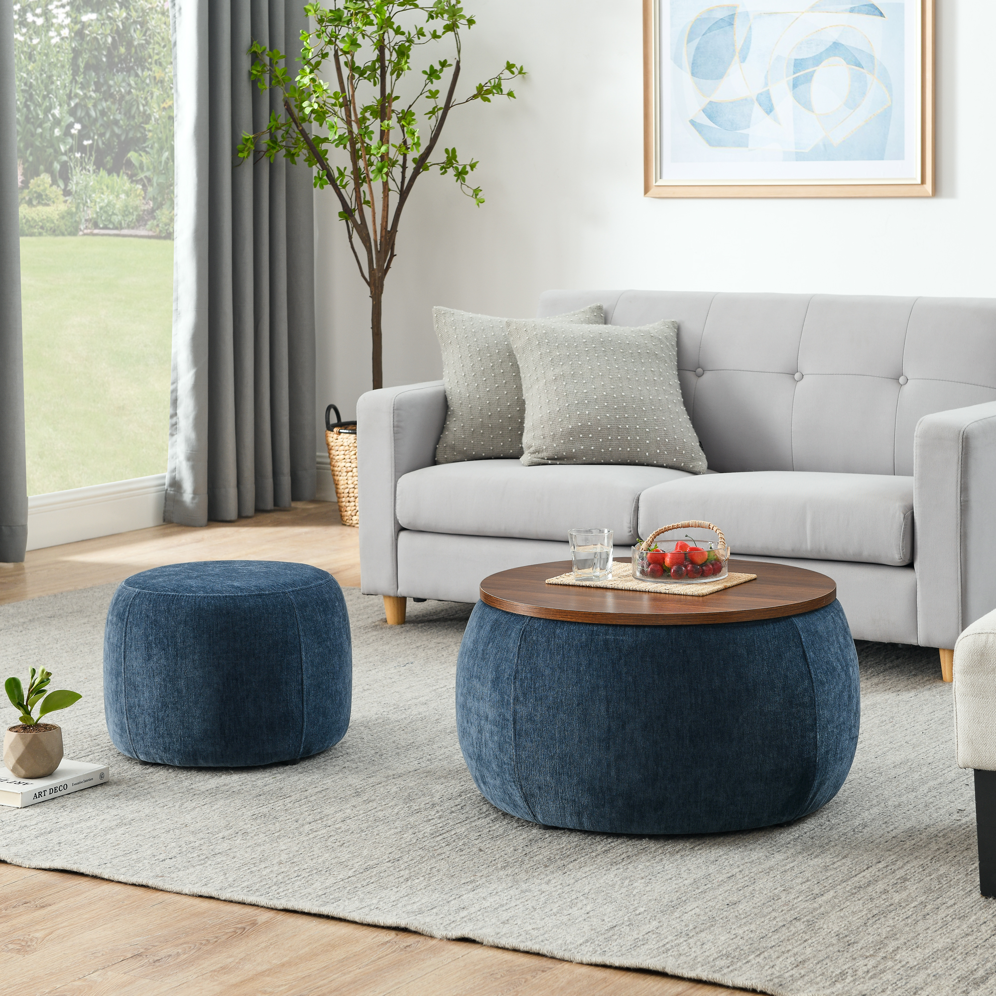 Otomana redonda de almacenamiento 2 en 1, mesa auxiliar y asiento pequeño, azul oscuro