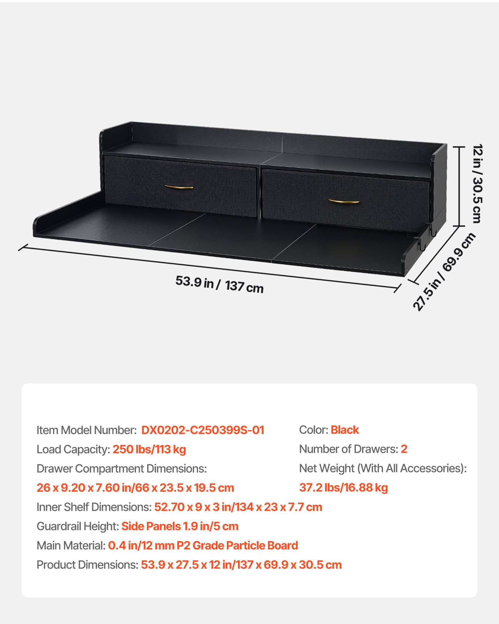 Washer Dryer Countertop With Shelf, 54 X 27.5 In Wooden Washer And Dryer Topper With 2 Drawers & 2 Hooks, Laundry Machine Topper For Laundry Closet Pantry Counter Organization And Storage, Black