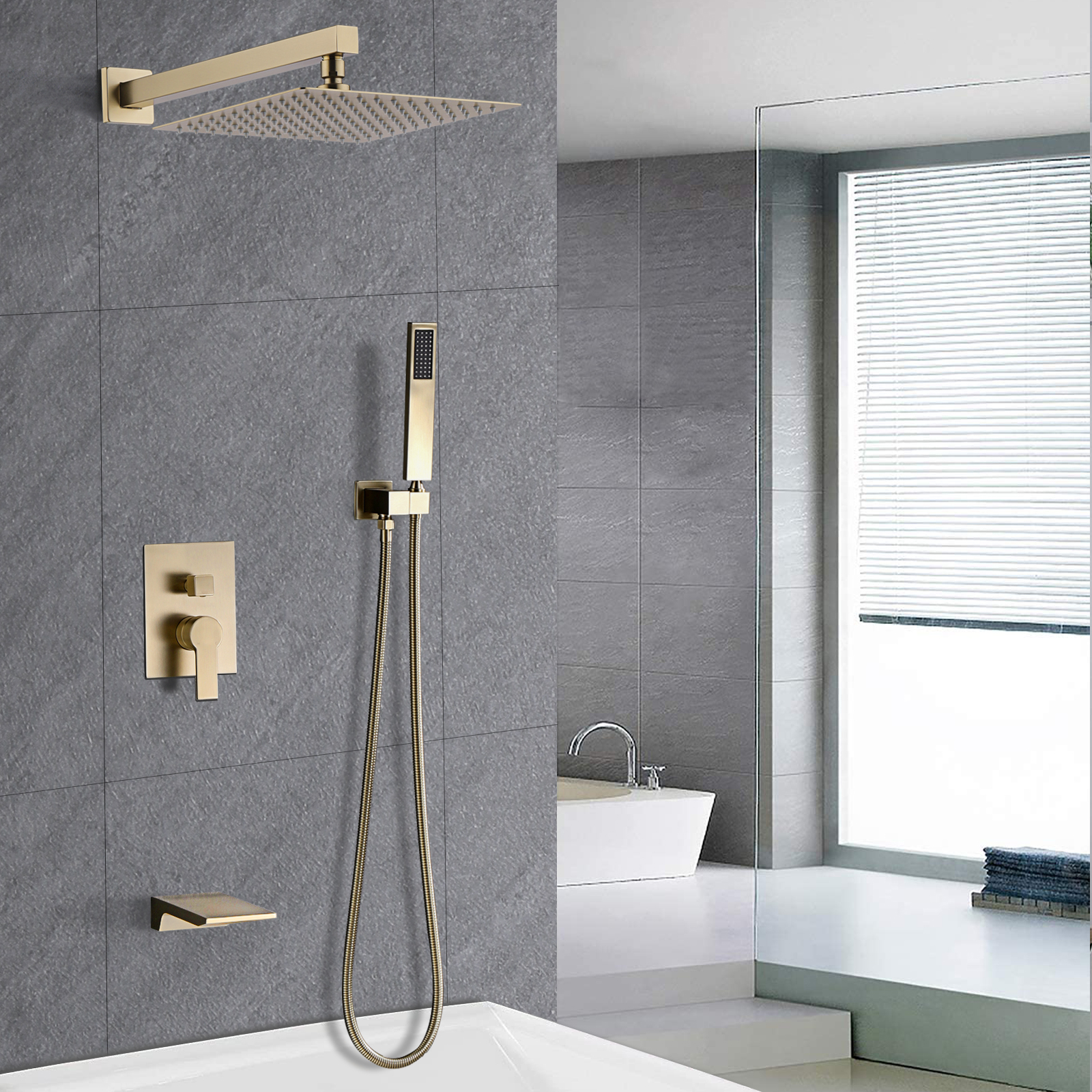 Shower System Bathroom Luxury 12 Inch Rain Shower Head With Handheld Mixer Shower Combo Set Wall Mounted Shower Faucet Trim With Valve Brushed Gold