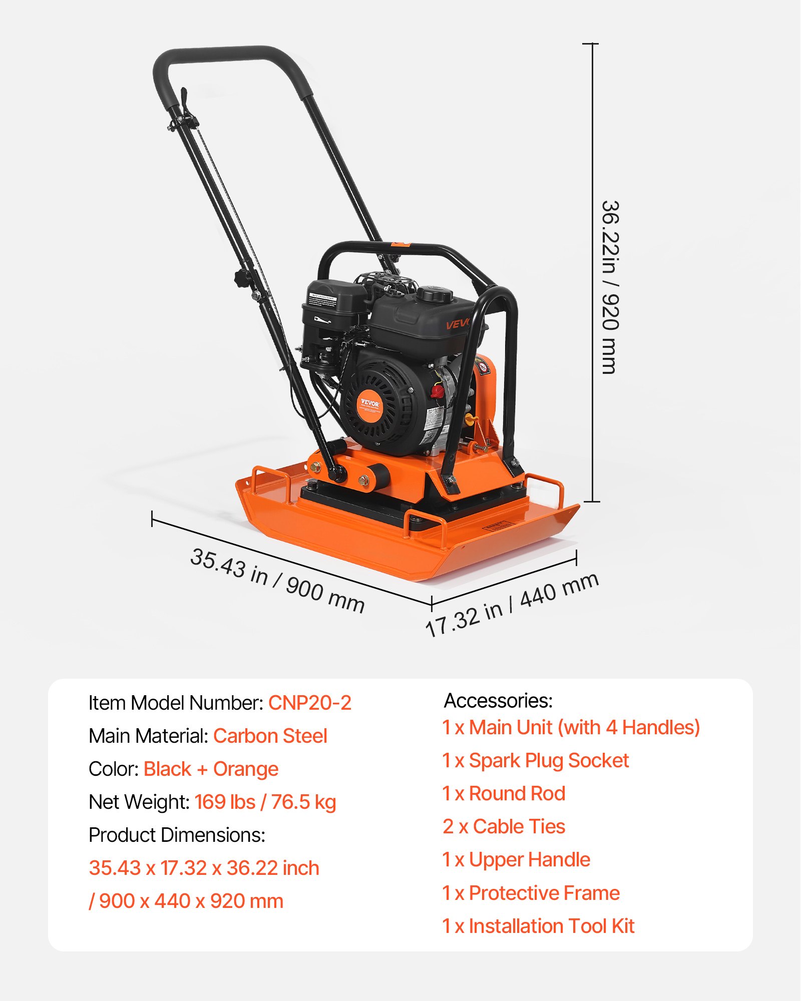 Compactadora de placa, 7 HP, 196CC, 4440 libras de fuerza, 23x18 pulg