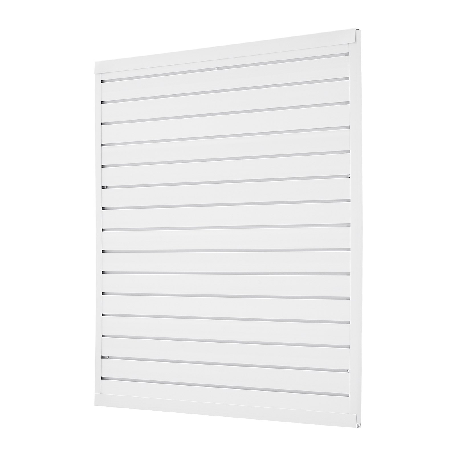 Panel de pared ranurado de PVC, 4 x 4 pies, diseño modular, blanco, fácil de instalar.