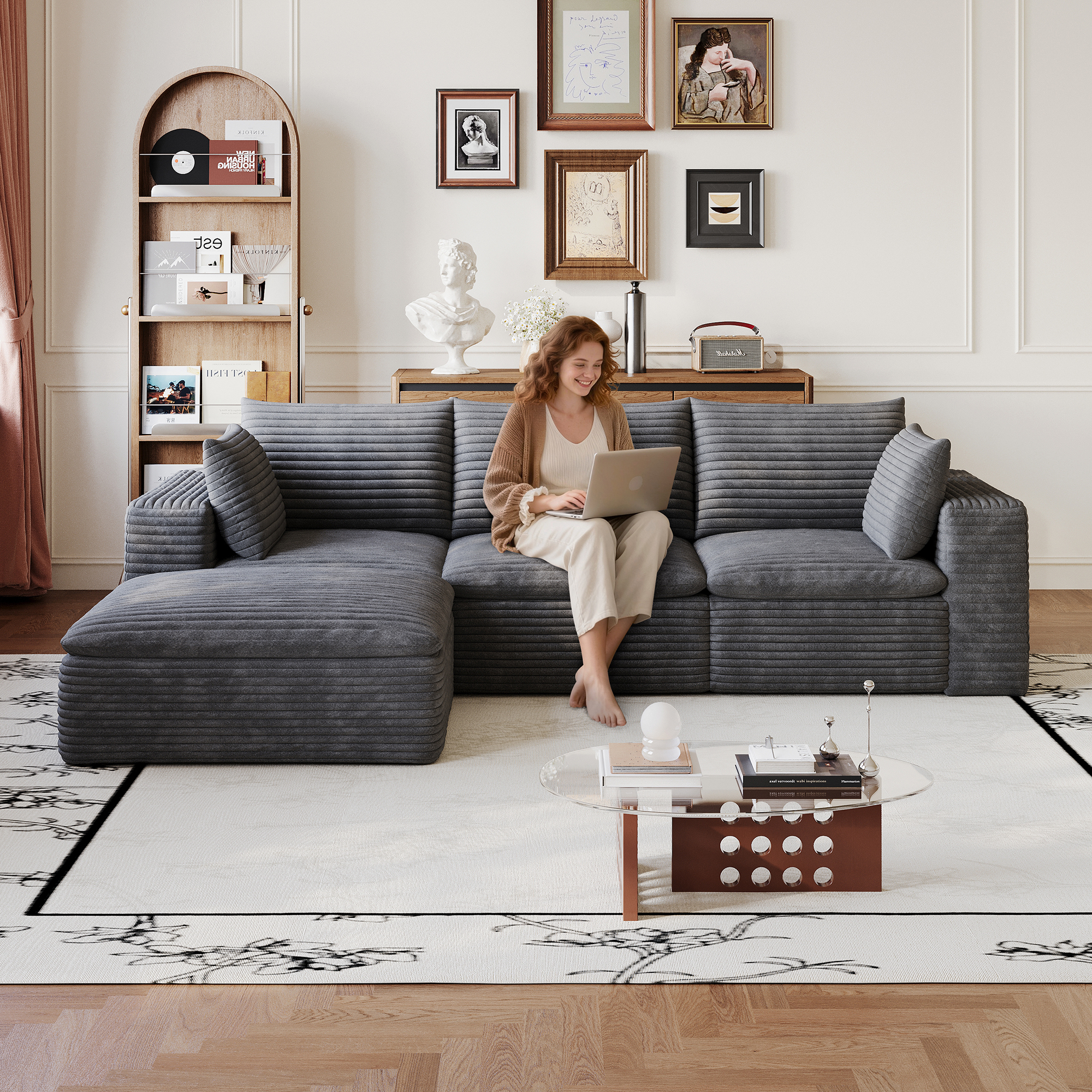 102  Cloud Sofa,Corduroy Fabric,Deep Seat Couches,Double-layer Design,Removable  Cushion,No Assembly, DIY Combination For Living Room, Bedroom,Conference Room ,Apartment,Dark Grey